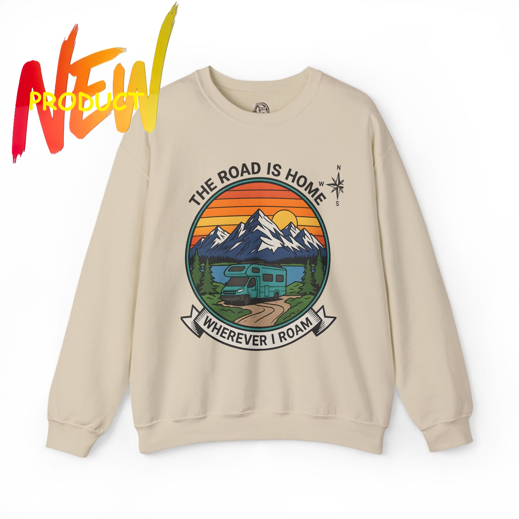 Crewneck Sweatshirt — "The Road Is Home" RV Camper Mountain Adventure product thumbnail image