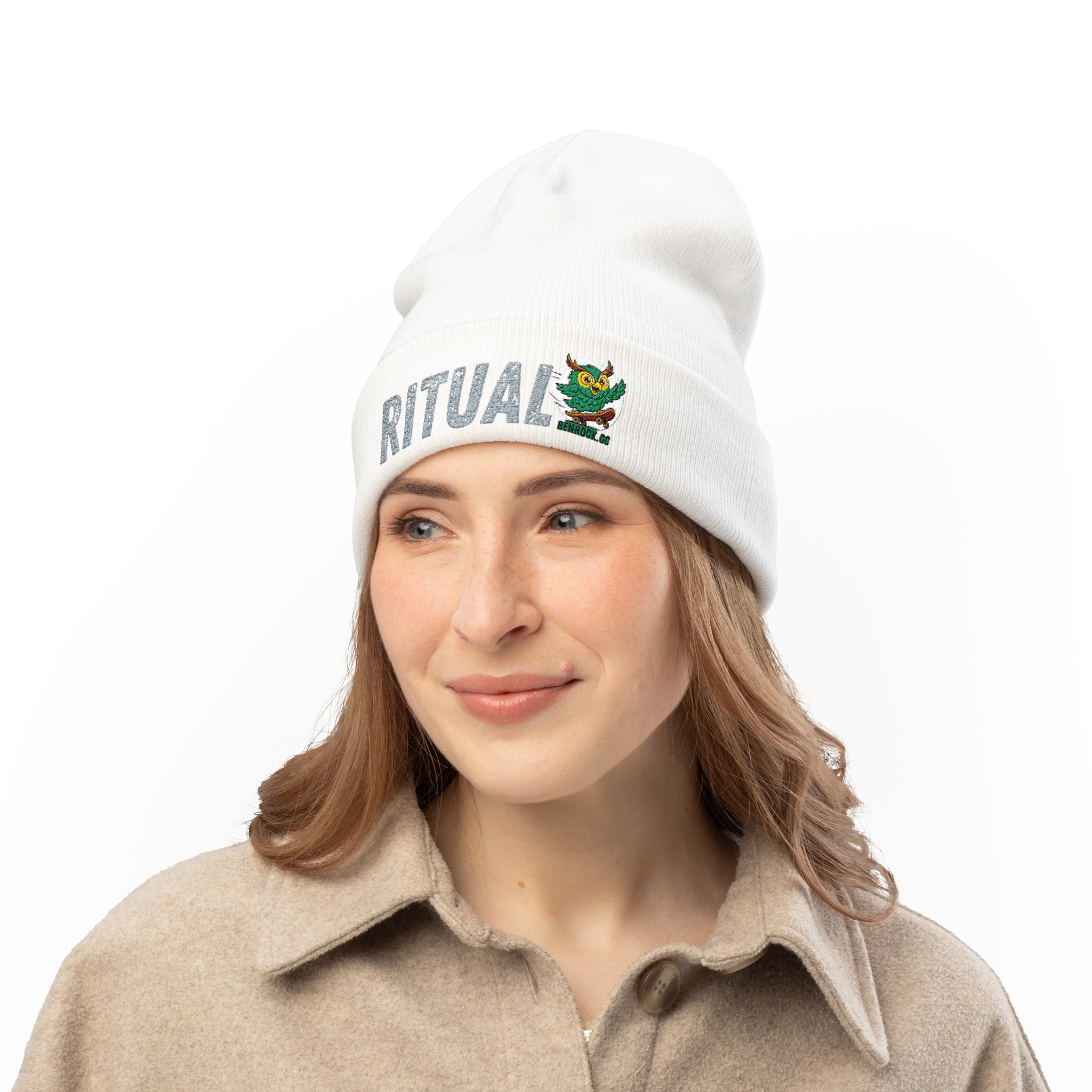 Ritual Embroidered Knit Beanie — Cozy White Winter Hat with Owl Design product thumbnail image Ritual Embroidered Knit Beanie — Cozy White Winter Hat with Owl Design product thumbnail image