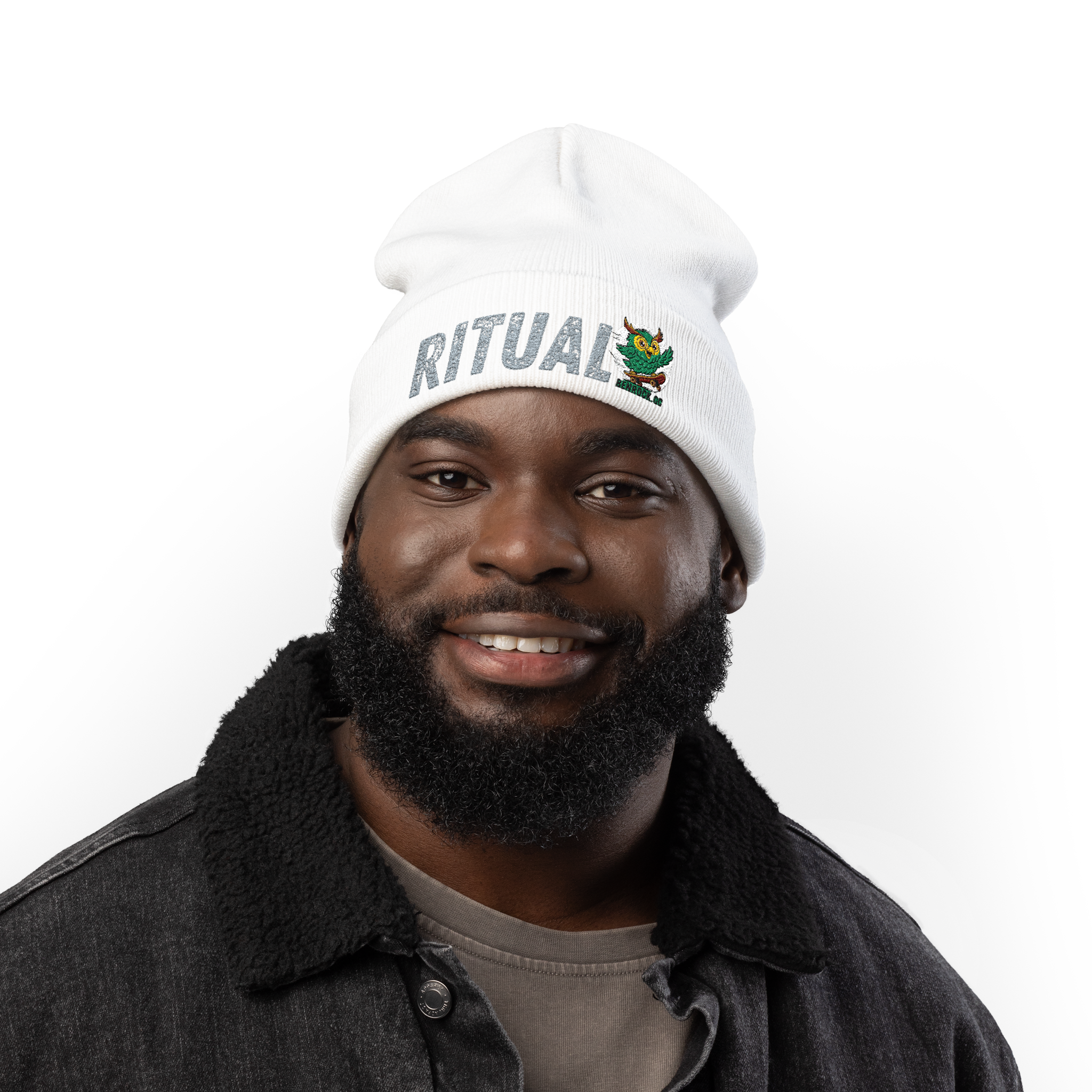 Ritual Embroidered Knit Beanie — Cozy White Winter Hat with Owl Design product thumbnail image Ritual Embroidered Knit Beanie — Cozy White Winter Hat with Owl Design product thumbnail image