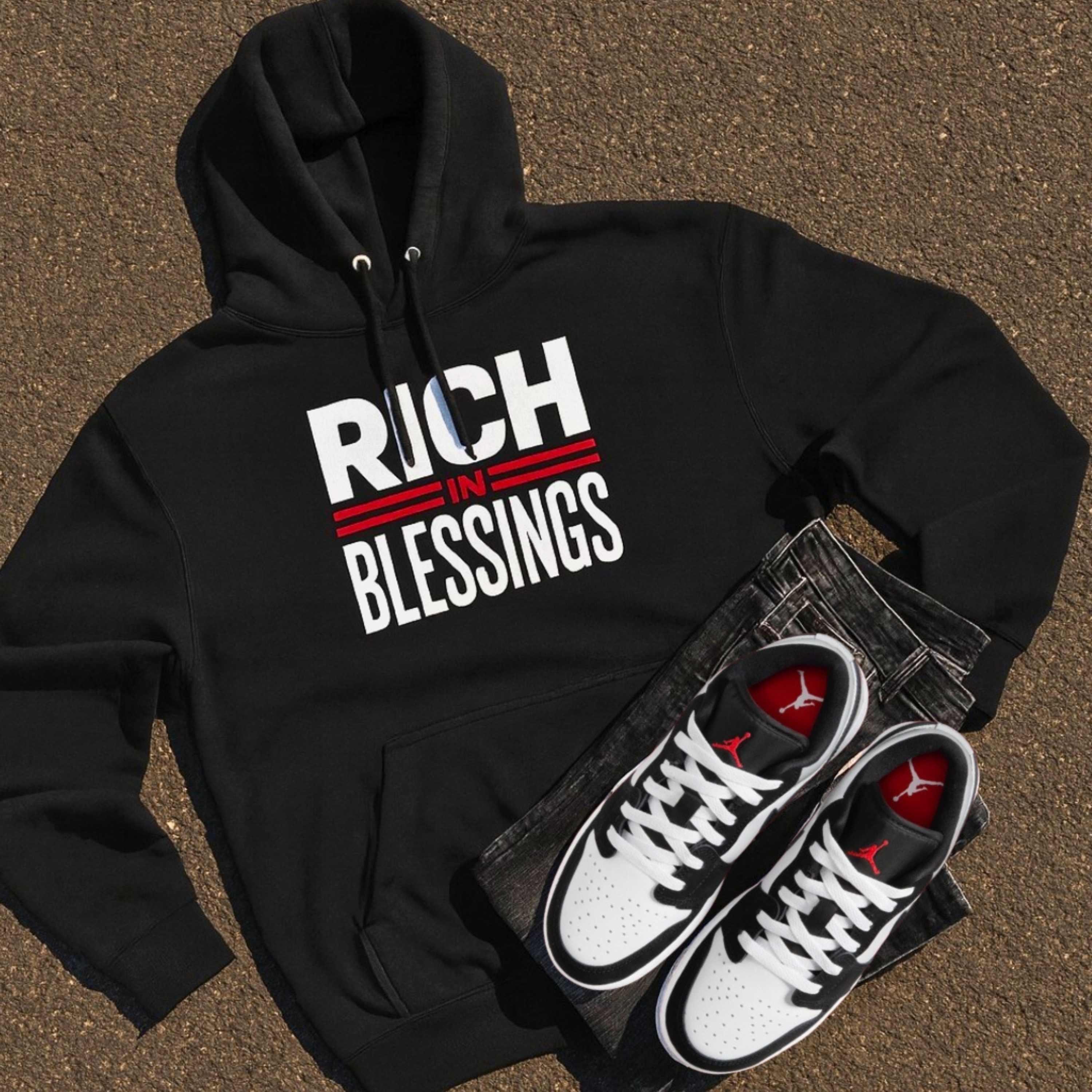 "RICH IN BLESSINGS" Red/Black/White Three-Panel Fleece Hoodie product thumbnail image