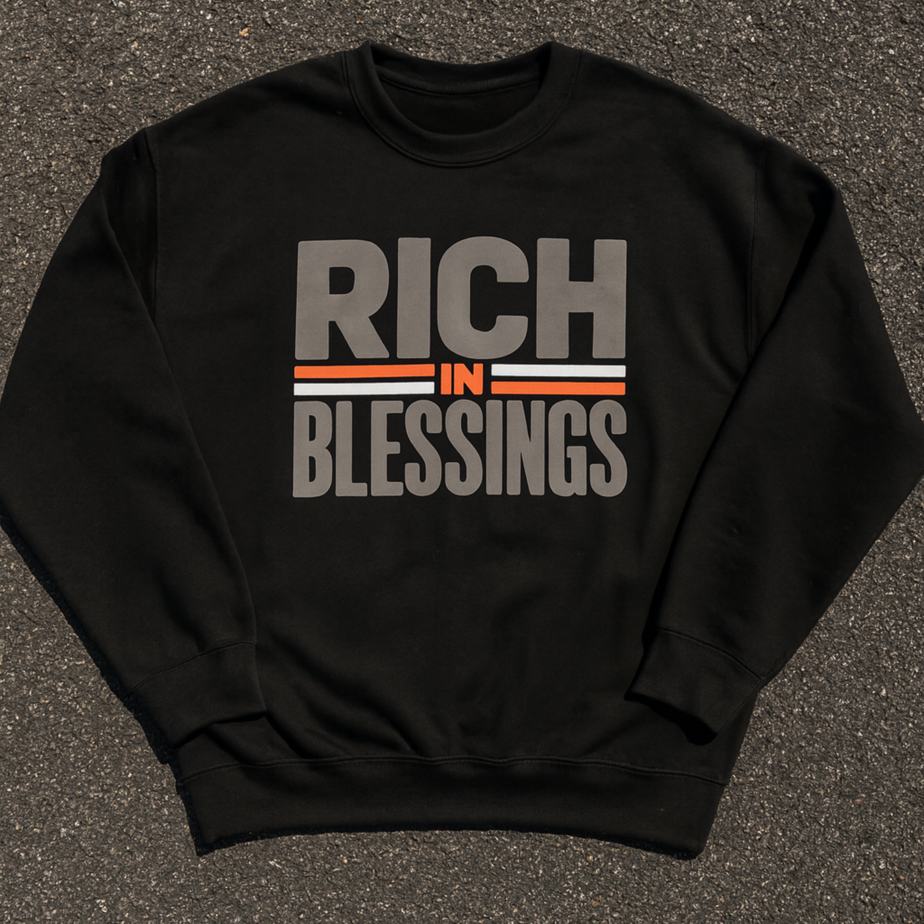 Unisex "RICH IN BLESSINGS" Steel Grey/Orange/White Sweatshirt