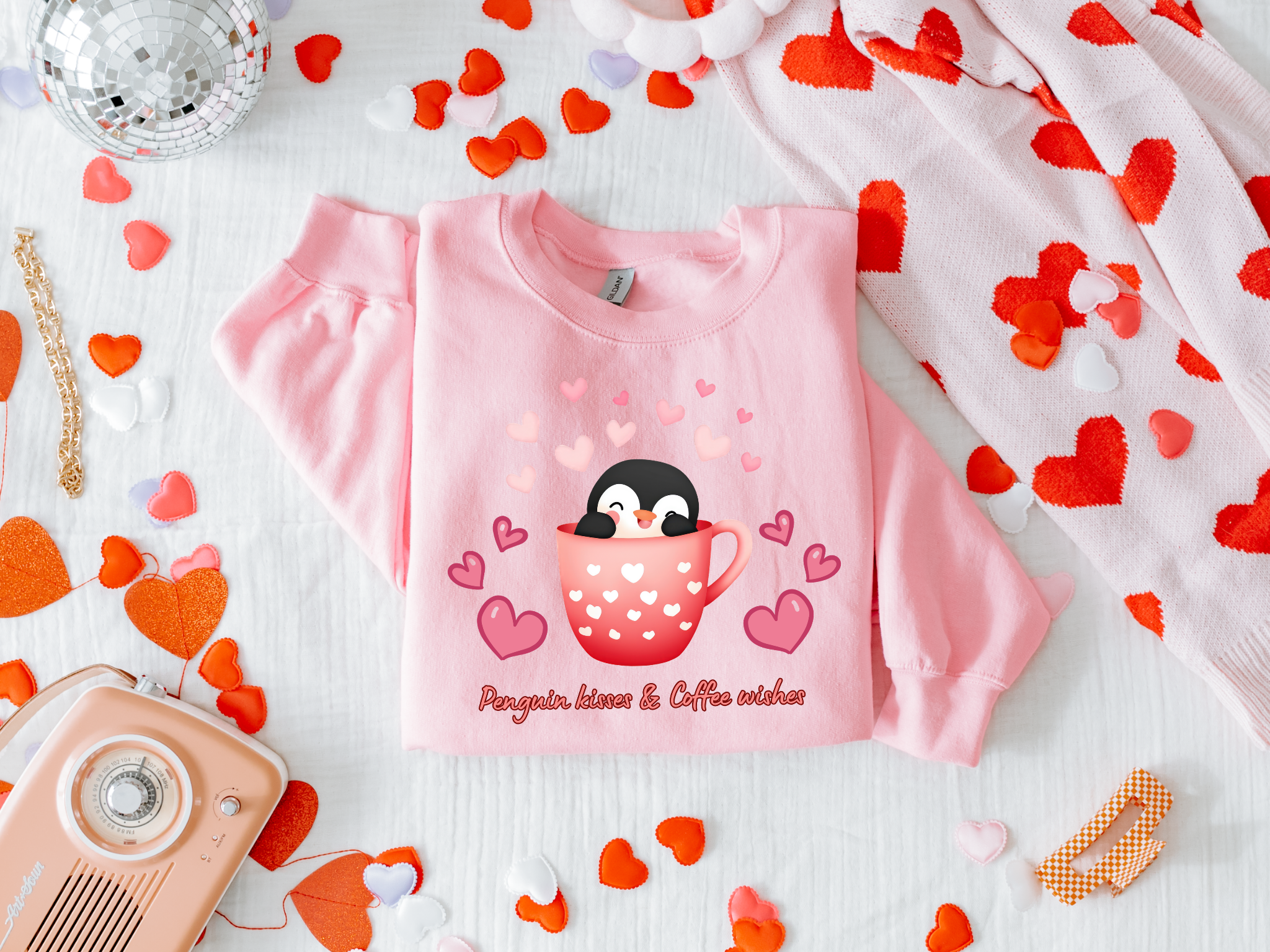 Cute Penguin in Coffee Mug Sweatshirt — "Penguins, kisses &amp; coffee wishes"