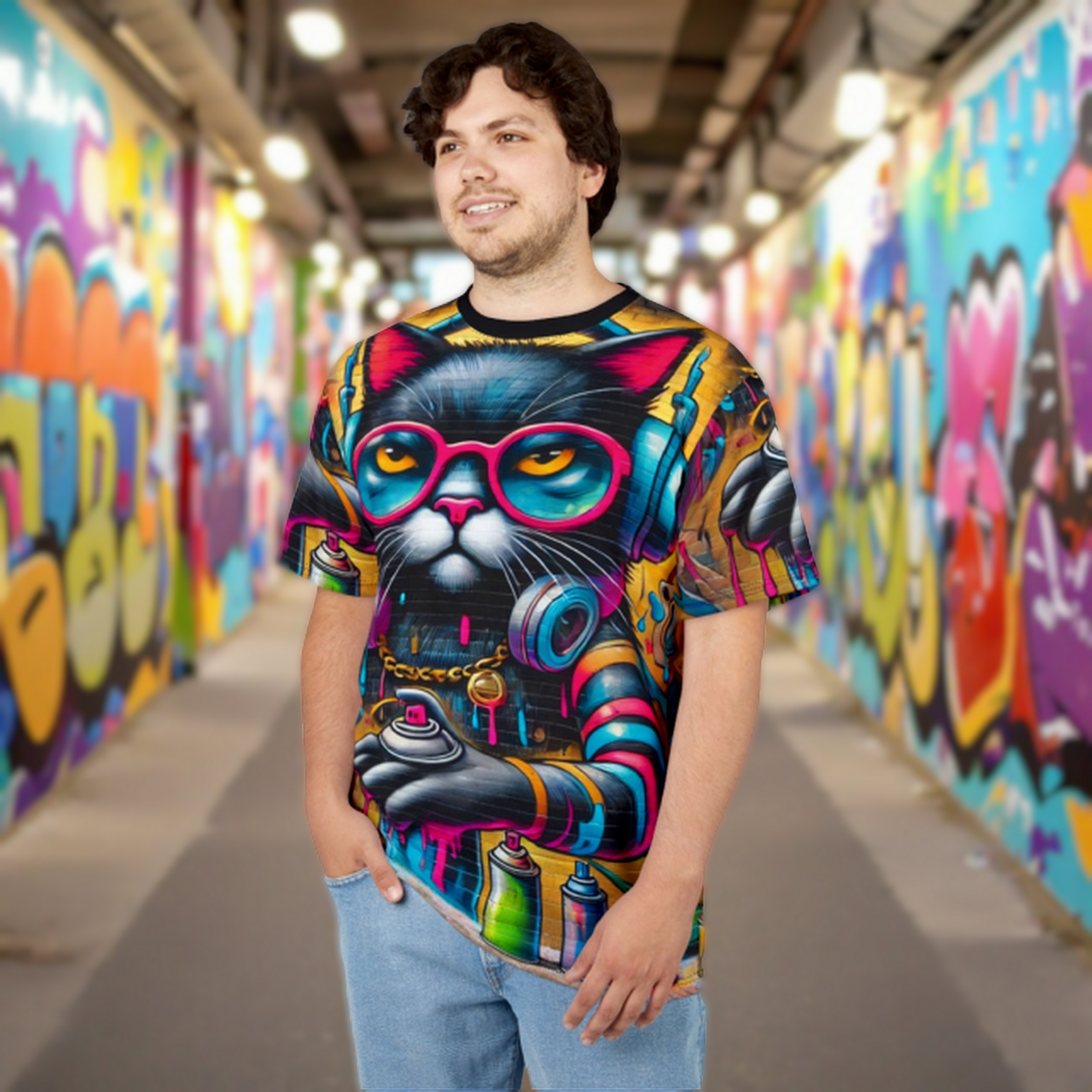 Bright Bold Super Cool Graffiti Male Cat With Attitude All Over Print Unisex Tshirt product thumbnail image Bright Bold Super Cool Graffiti Male Cat With Attitude All Over Print Unisex Tshirt product thumbnail image