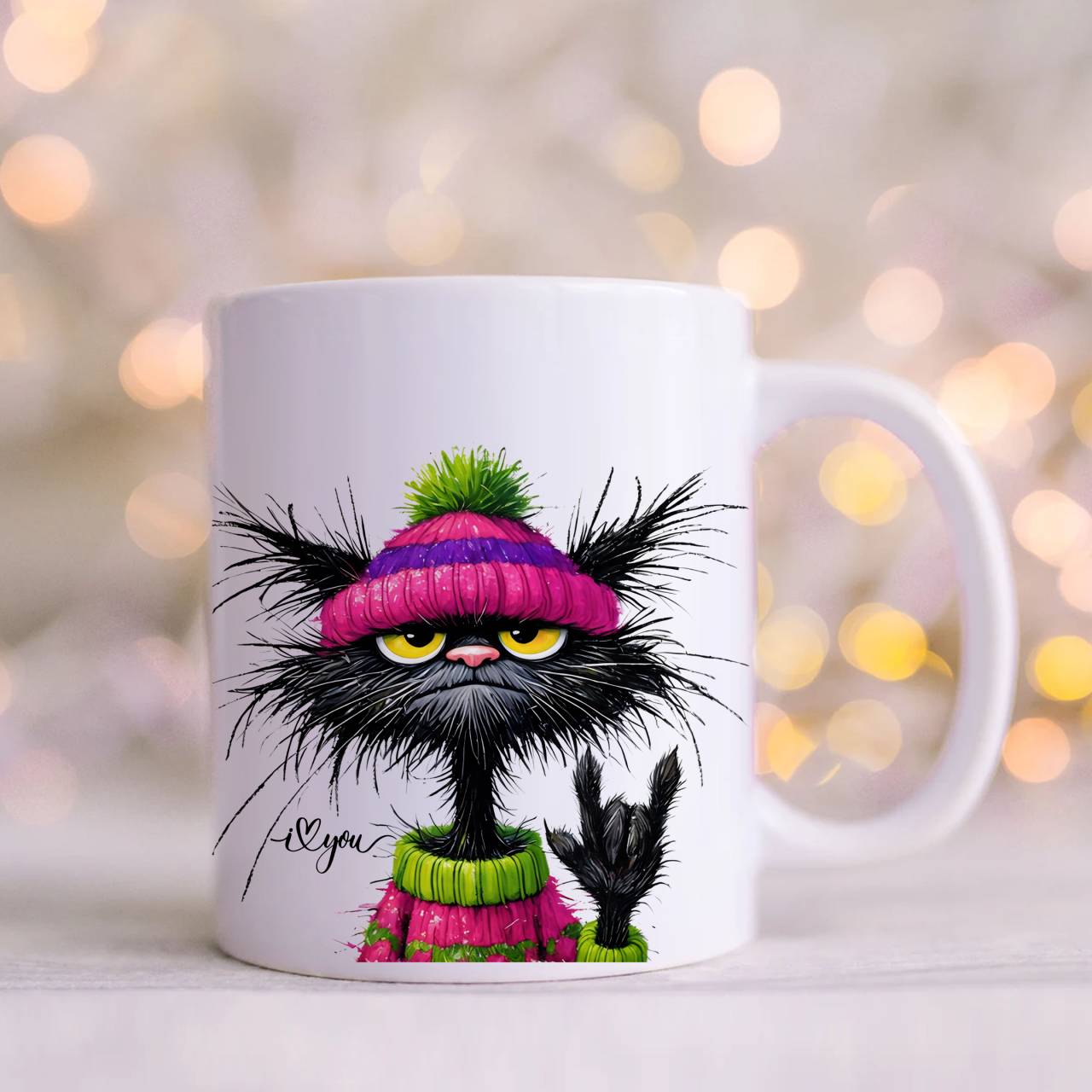 ASL Winter Punk Cat with ILY Sign Ceramic Mug — Colorful Watercolor Kitty Coffee Cup (11oz/15oz) product thumbnail image ASL Winter Punk Cat with ILY Sign Ceramic Mug — Colorful Watercolor Kitty Coffee Cup (11oz/15oz) product thumbnail image