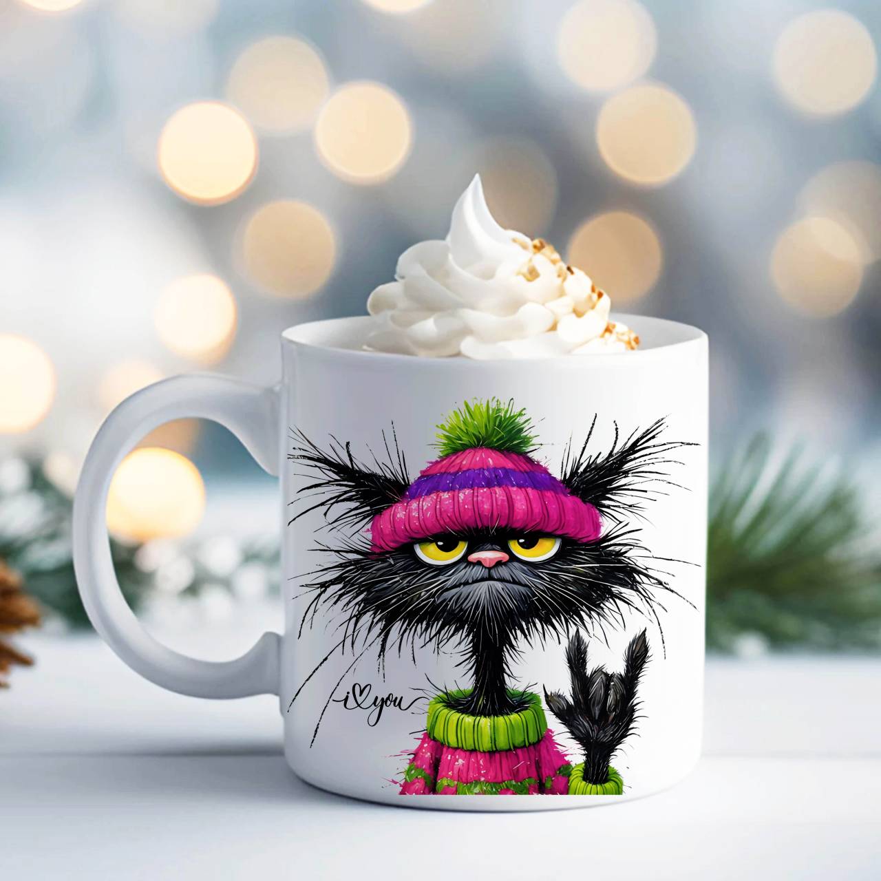 ASL Winter Punk Cat with ILY Sign Ceramic Mug — Colorful Watercolor Kitty Coffee Cup (11oz/15oz) product thumbnail image ASL Winter Punk Cat with ILY Sign Ceramic Mug — Colorful Watercolor Kitty Coffee Cup (11oz/15oz) product thumbnail image