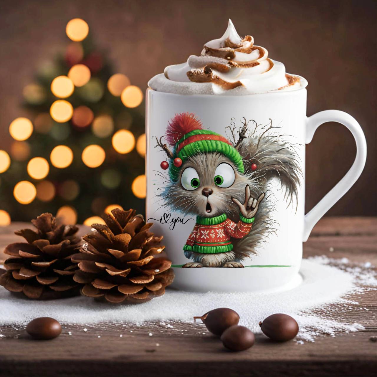 ASL Christmas Holiday Squirrel with ILY Sign Ceramic Mug — Funny and Cute Squirrel with Hat (11oz, 15oz) ASL Christmas Holiday Squirrel with ILY Sign Ceramic Mug — Funny and Cute Squirrel with Hat (11oz, 15oz)