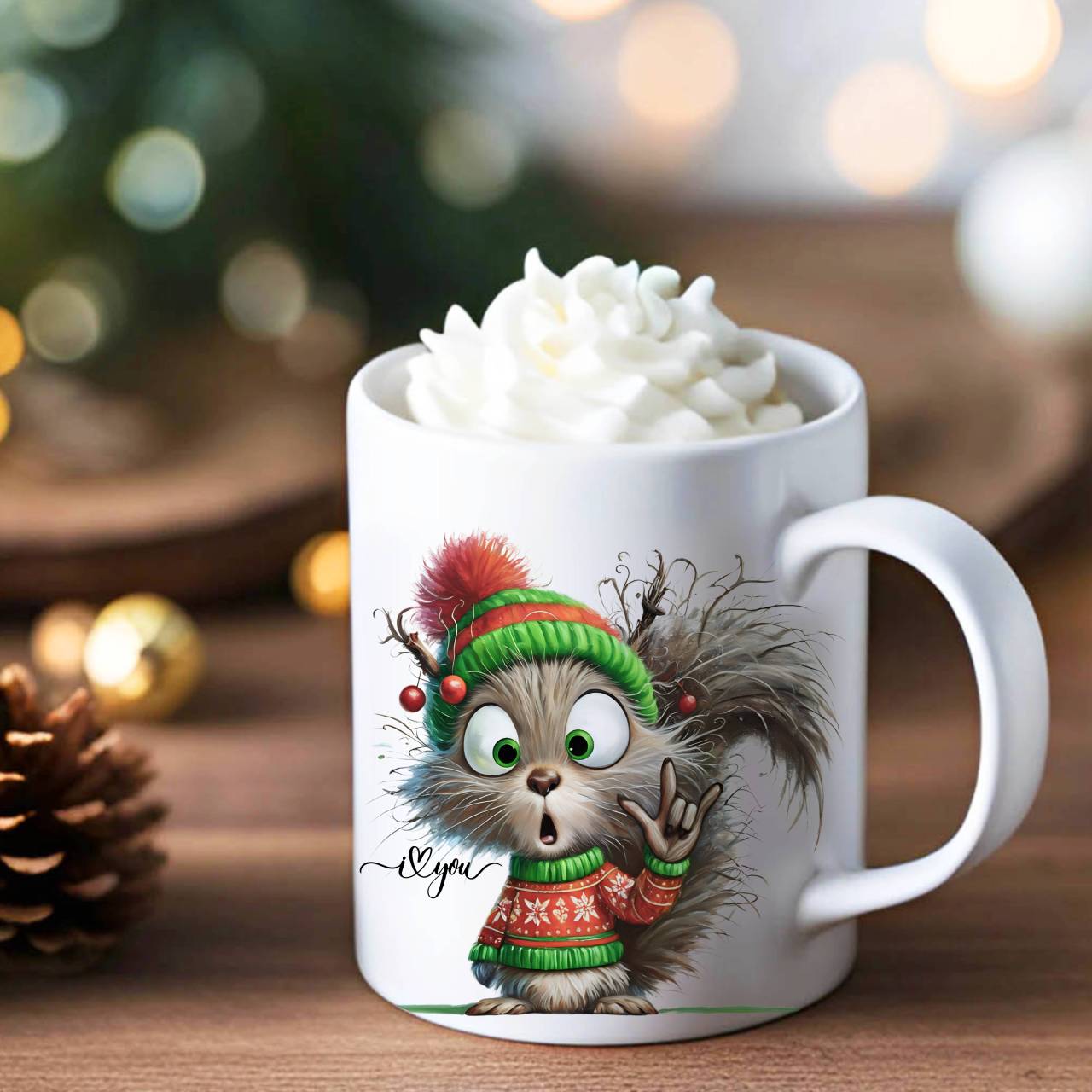 ASL Christmas Holiday Squirrel with ILY Sign Ceramic Mug — Funny and Cute Squirrel with Hat (11oz, 15oz) product thumbnail image ASL Christmas Holiday Squirrel with ILY Sign Ceramic Mug — Funny and Cute Squirrel with Hat (11oz, 15oz) product thumbnail image