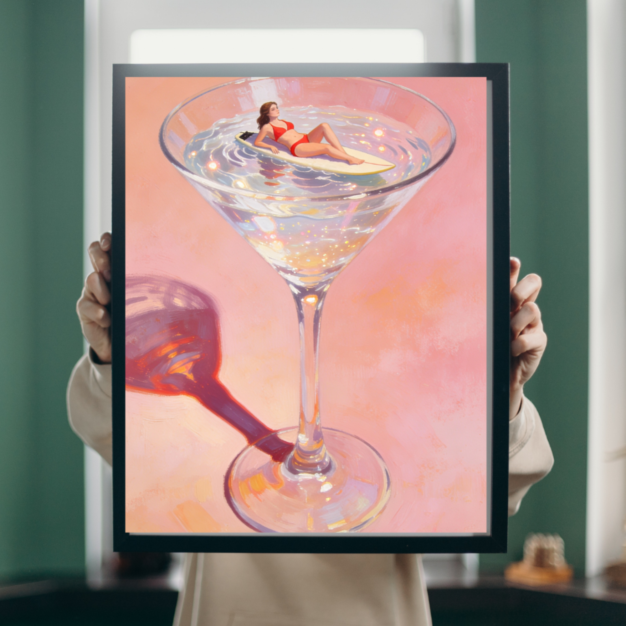 Martini Surfer Poster | Coastal Bar Decor | Pink Beach House Wall Art | Surfer Girl Retro Print | Cocktail Artwork | Summer Aesthetic Art product thumbnail image