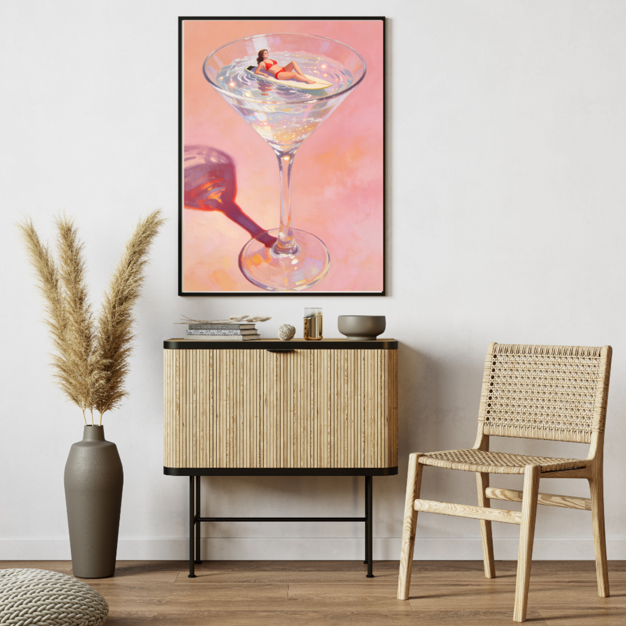 Martini Surfer Poster | Coastal Bar Decor | Pink Beach House Wall Art | Surfer Girl Retro Print | Cocktail Artwork | Summer Aesthetic Art product thumbnail image Martini Surfer Poster | Coastal Bar Decor | Pink Beach House Wall Art | Surfer Girl Retro Print | Cocktail Artwork | Summer Aesthetic Art product thumbnail image