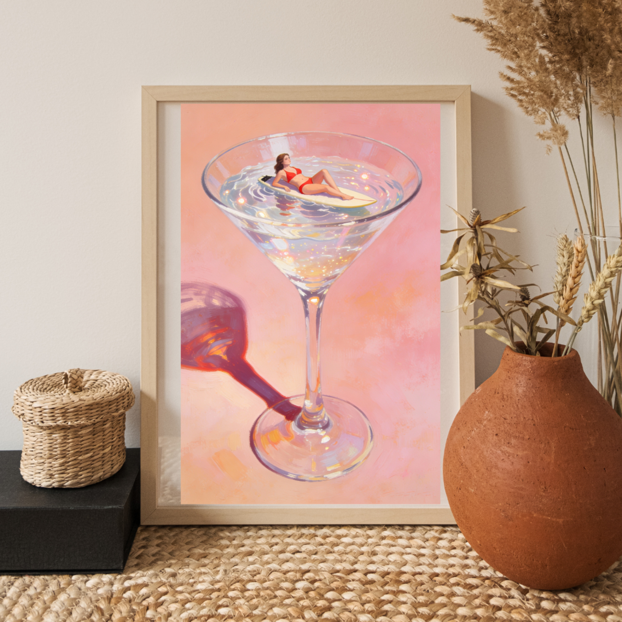 Martini Surfer Poster | Coastal Bar Decor | Pink Beach House Wall Art | Surfer Girl Retro Print | Cocktail Artwork | Summer Aesthetic Art product thumbnail image