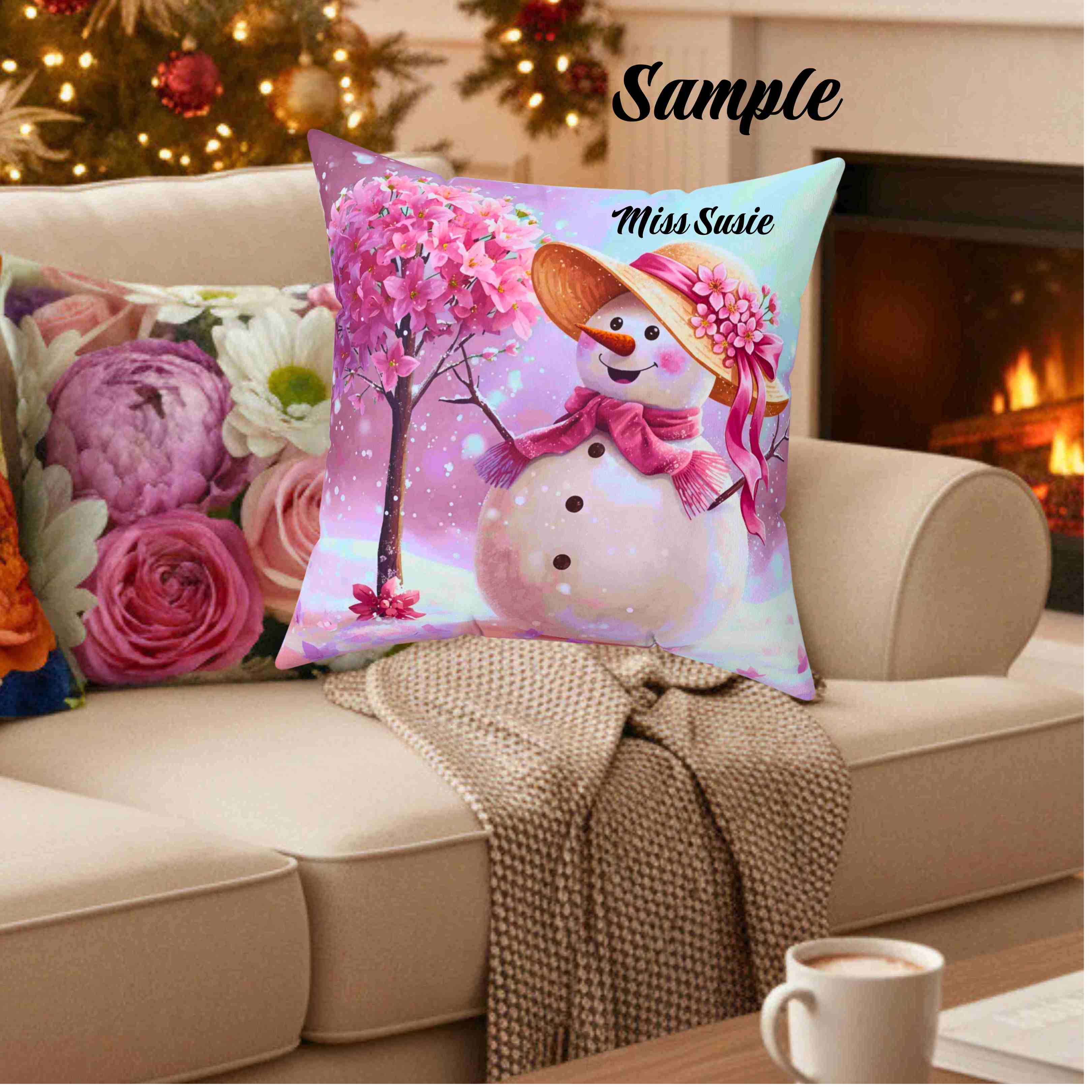 Pink Floral Snow-woman Pillow | Spun Polyester Square Cushion product thumbnail image Pink Floral Snow-woman Pillow | Spun Polyester Square Cushion product thumbnail image