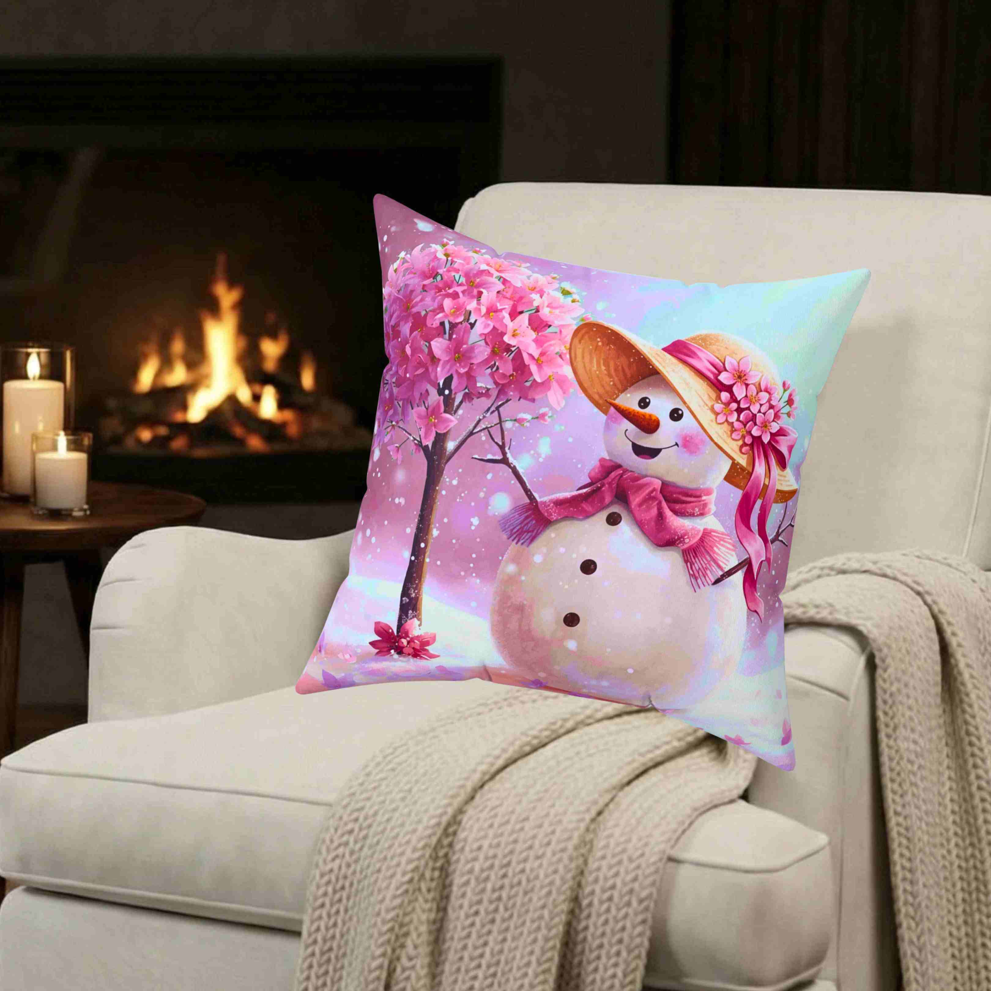 Pink Floral Snow-woman Pillow | Spun Polyester Square Cushion product thumbnail image