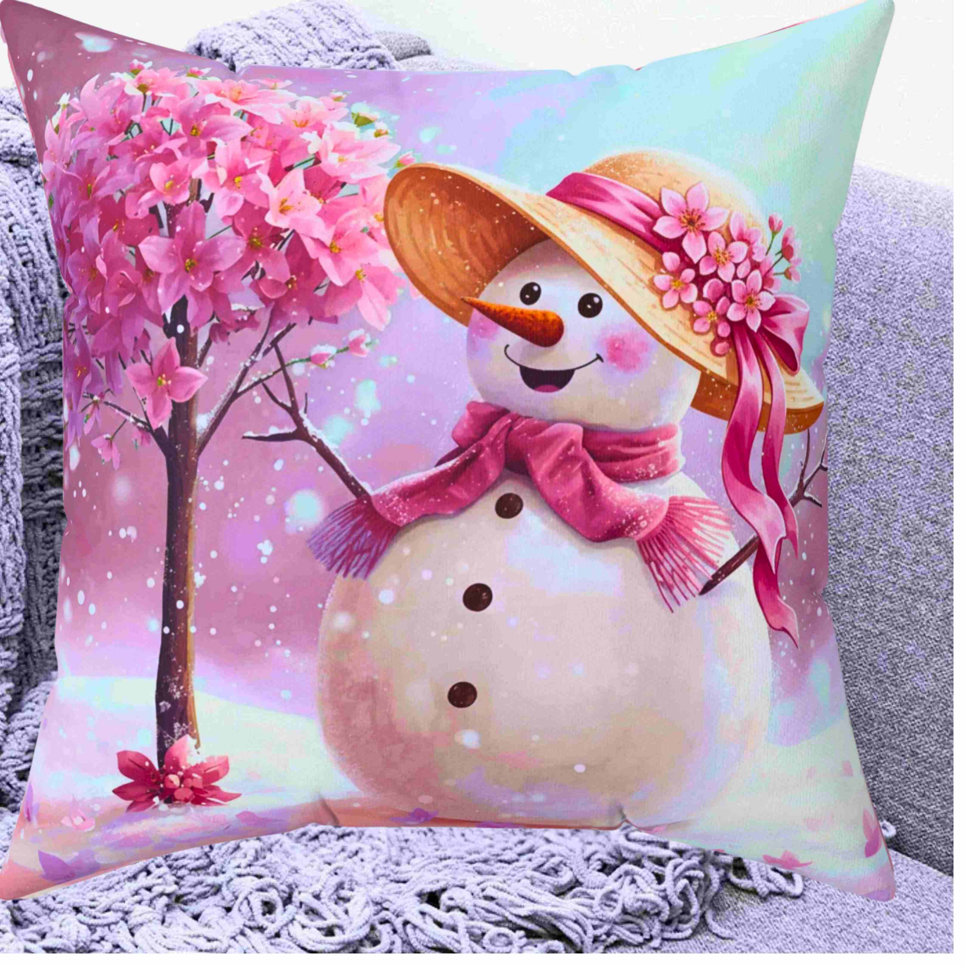 Pink Floral Snow-woman Pillow | Spun Polyester Square Cushion product thumbnail image Pink Floral Snow-woman Pillow | Spun Polyester Square Cushion product thumbnail image