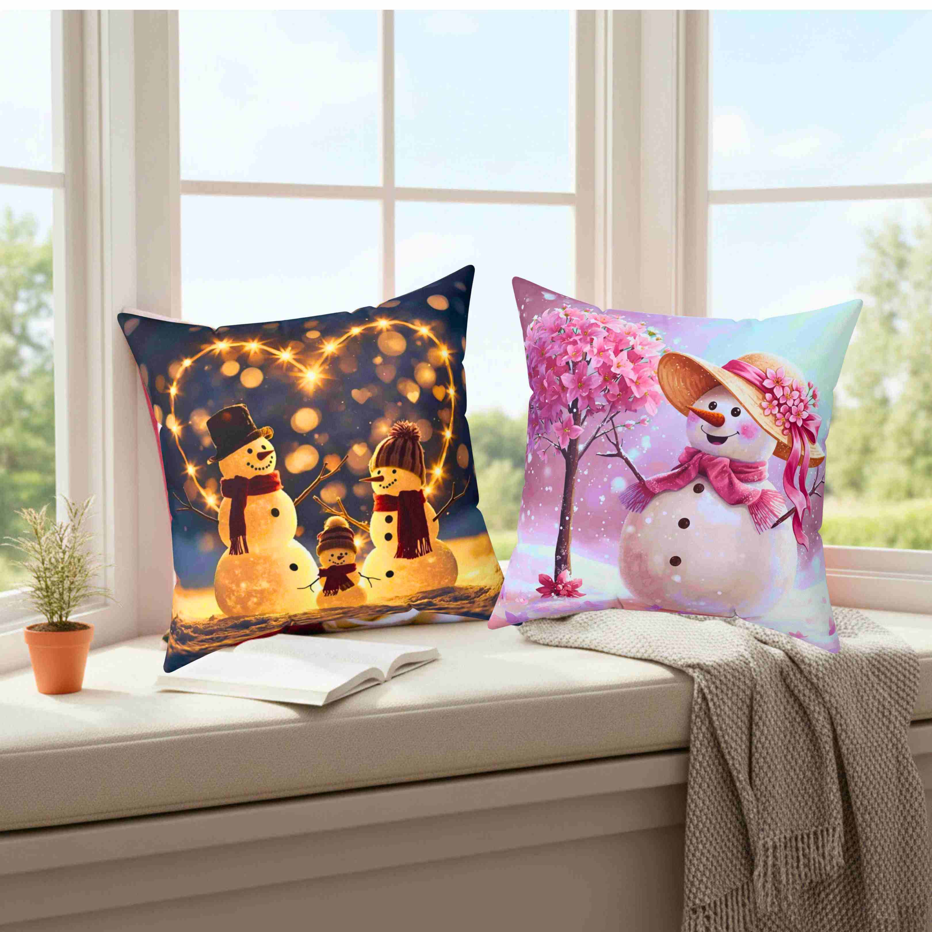 Pink Floral Snow-woman Pillow | Spun Polyester Square Cushion product thumbnail image Pink Floral Snow-woman Pillow | Spun Polyester Square Cushion product thumbnail image