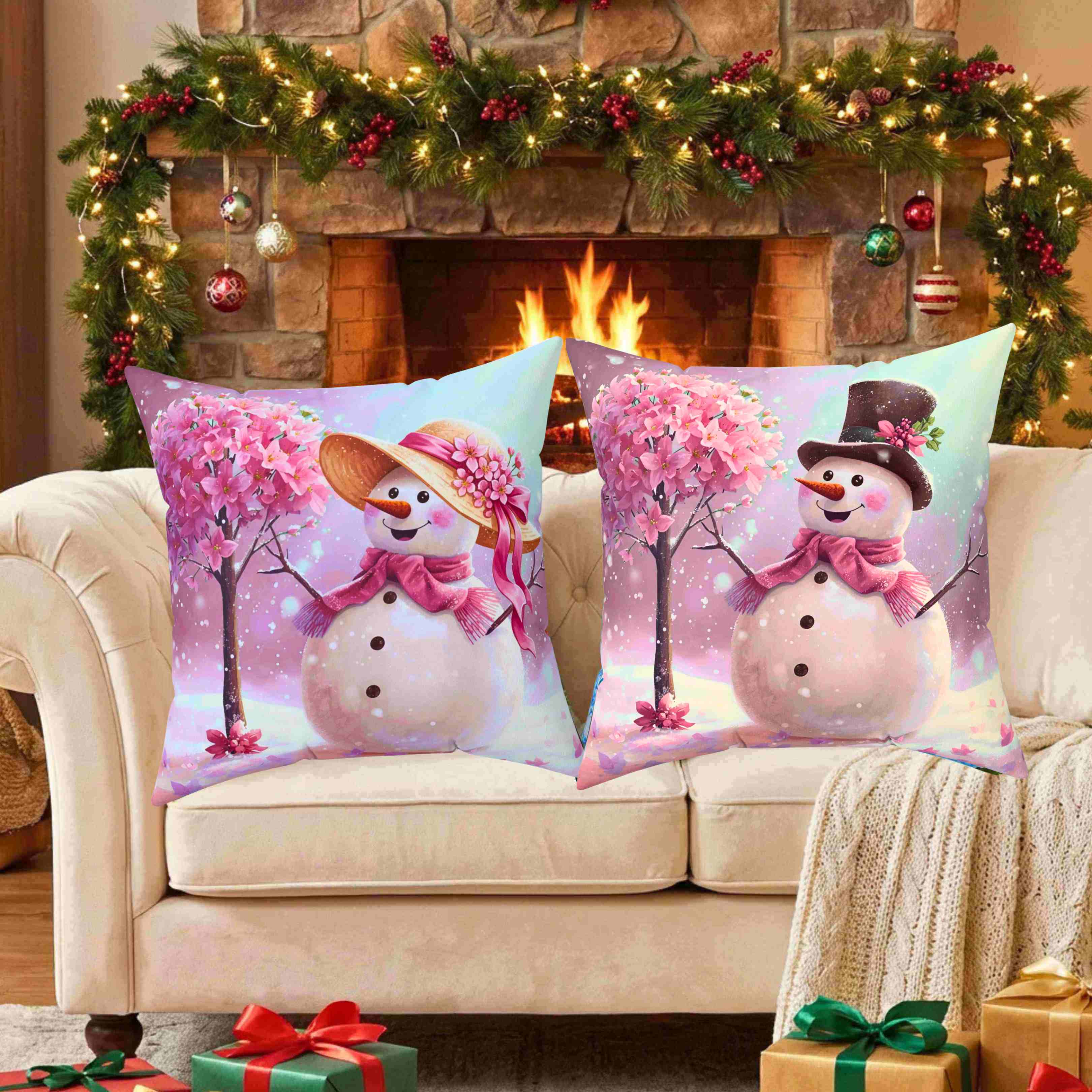 Pink Floral Snow-woman Pillow | Spun Polyester Square Cushion product thumbnail image Pink Floral Snow-woman Pillow | Spun Polyester Square Cushion product thumbnail image