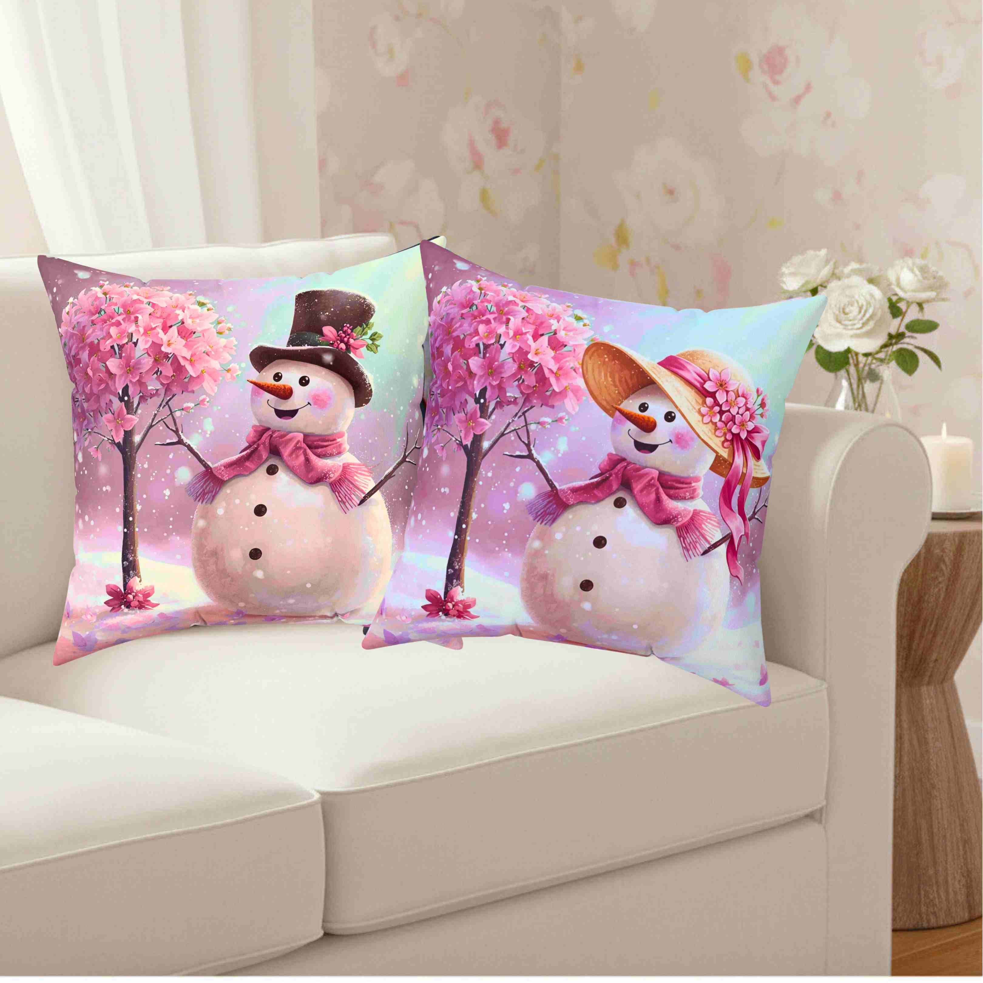 Pink Floral Snow-woman Pillow | Spun Polyester Square Cushion product thumbnail image Pink Floral Snow-woman Pillow | Spun Polyester Square Cushion product thumbnail image