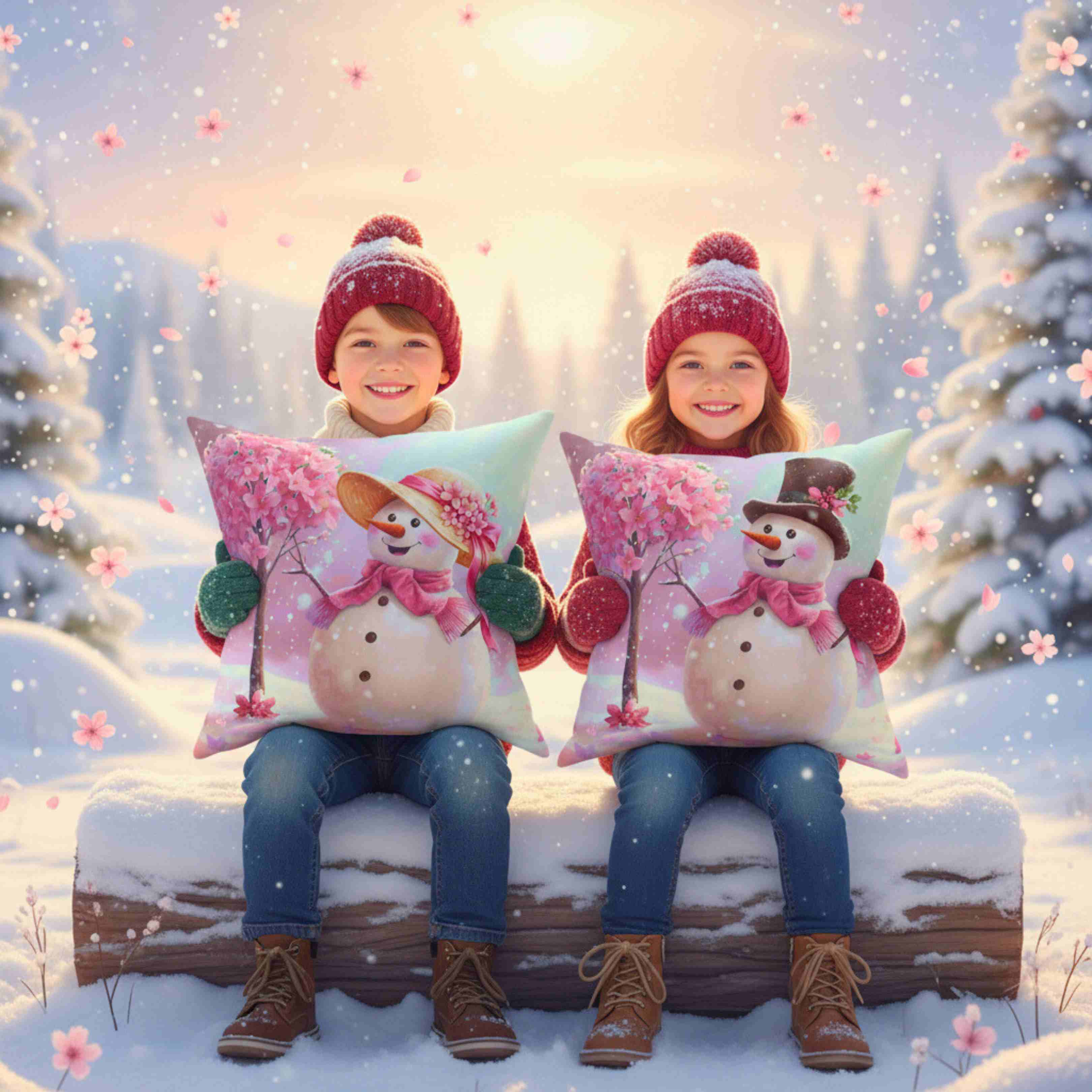 Pink Floral Snow-woman Pillow | Spun Polyester Square Cushion product thumbnail image Pink Floral Snow-woman Pillow | Spun Polyester Square Cushion product thumbnail image