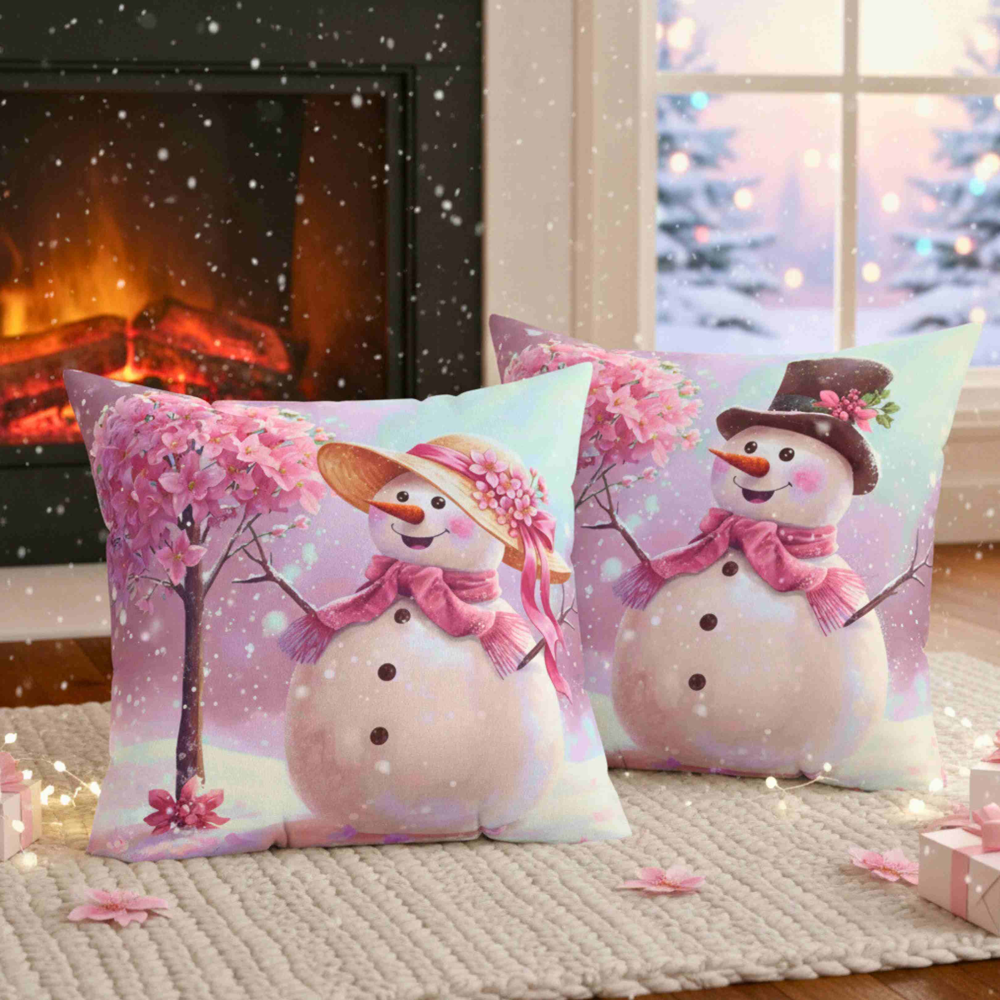 Pink Floral Snow-woman Pillow | Spun Polyester Square Cushion product thumbnail image