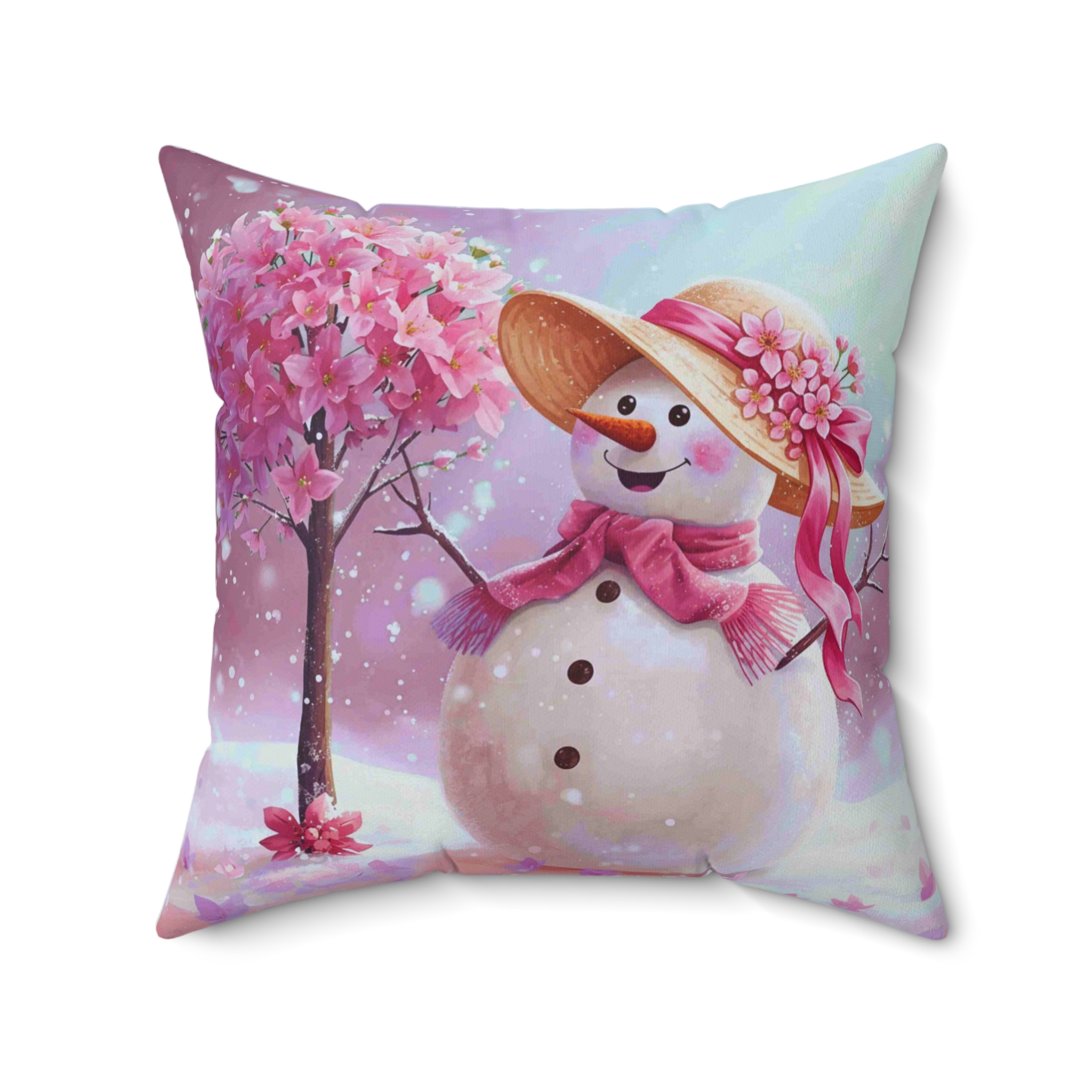 Pink Floral Snow-woman Pillow | Spun Polyester Square Cushion product thumbnail image