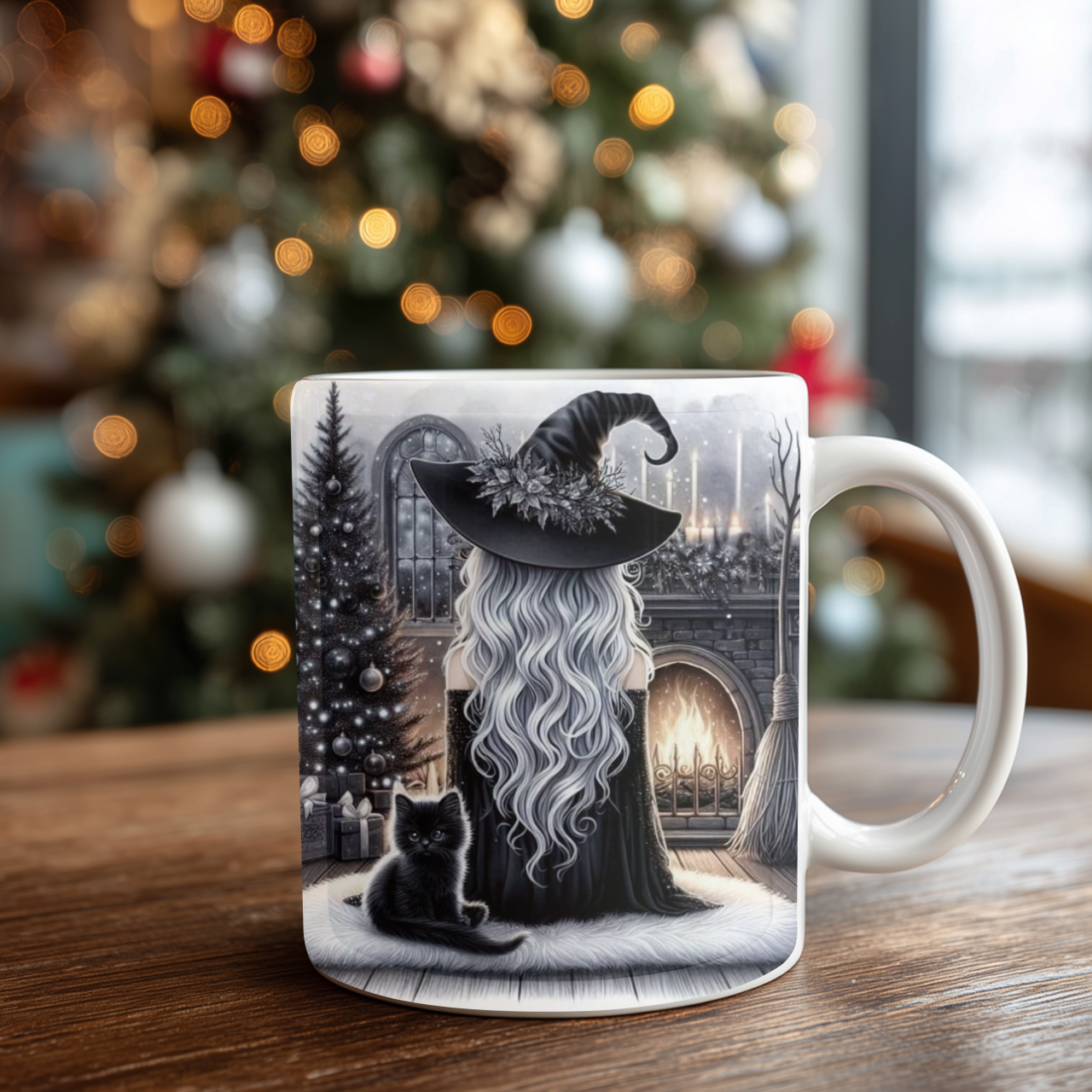 (U.S.) Winter Witch Ceramic Mug — Cozy Hearth Magic with Black Cat product thumbnail image