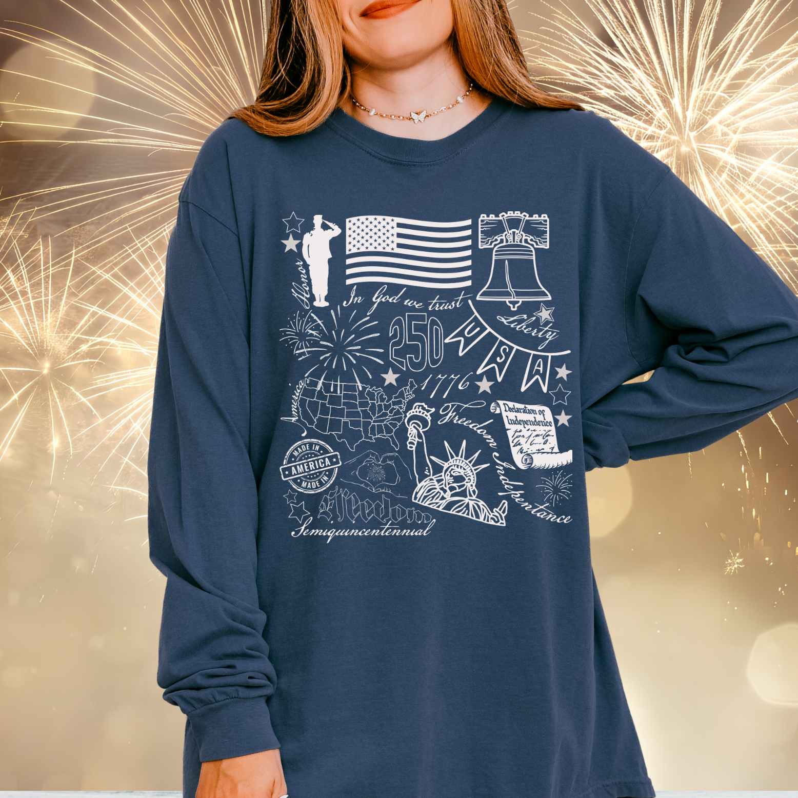 Patriotic 250 USA Anniversary Doodle Long Sleeve T-Shirt | Liberty and Freedom for All