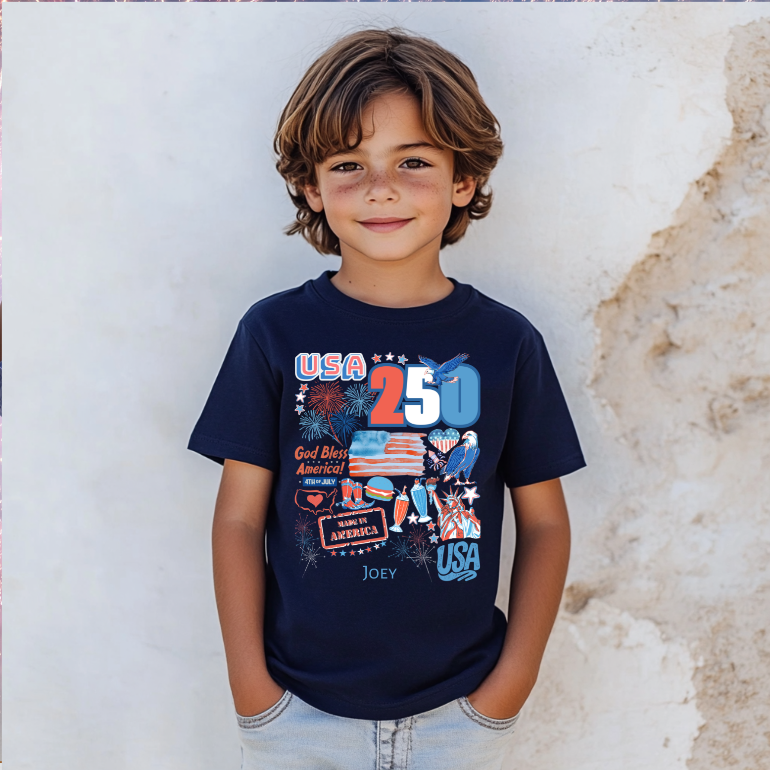 USA 250 Anniversary Personalized Patriotic Collage Youth Tee | 4th of July Independence Day product thumbnail image USA 250 Anniversary Personalized Patriotic Collage Youth Tee | 4th of July Independence Day product thumbnail image