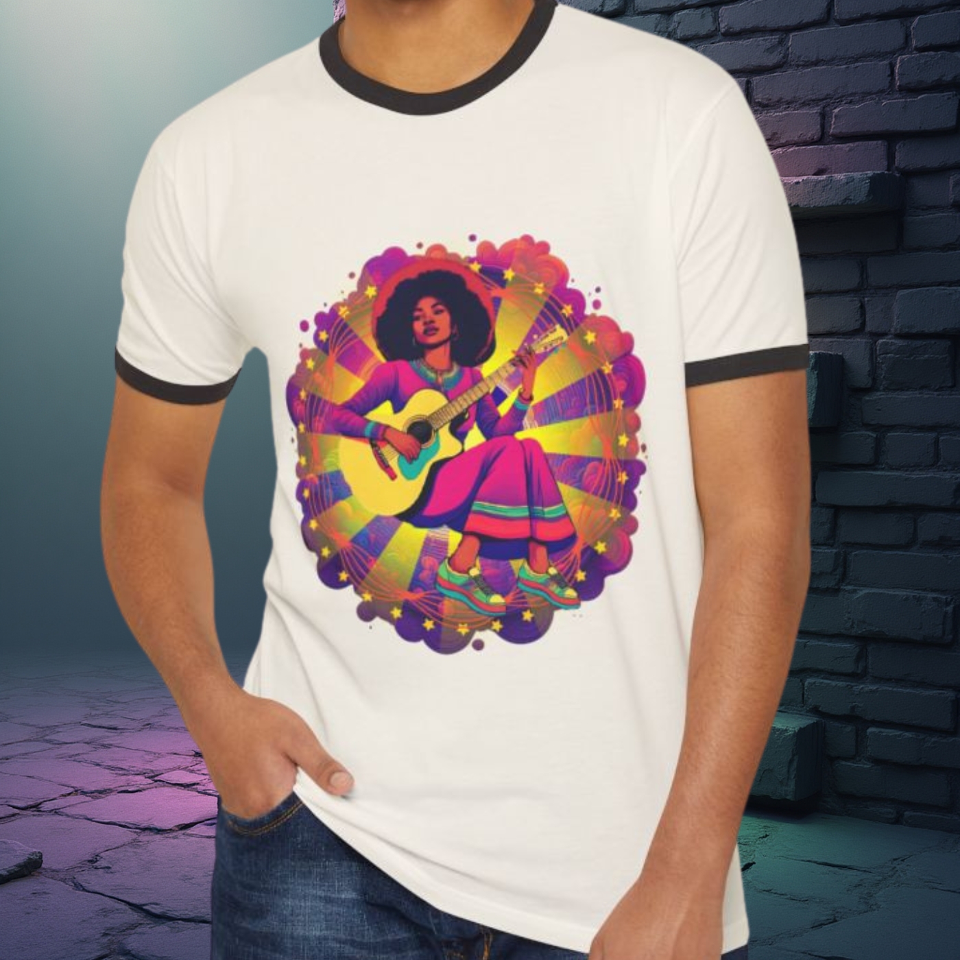 Vibrant Cosmic Musician Ringer T-Shirt - Bohemian Style Tee, Festival Shirt, Gift for Music Lovers, Summer Attire, Casual Wear product thumbnail image Vibrant Cosmic Musician Ringer T-Shirt - Bohemian Style Tee, Festival Shirt, Gift for Music Lovers, Summer Attire, Casual Wear product thumbnail image