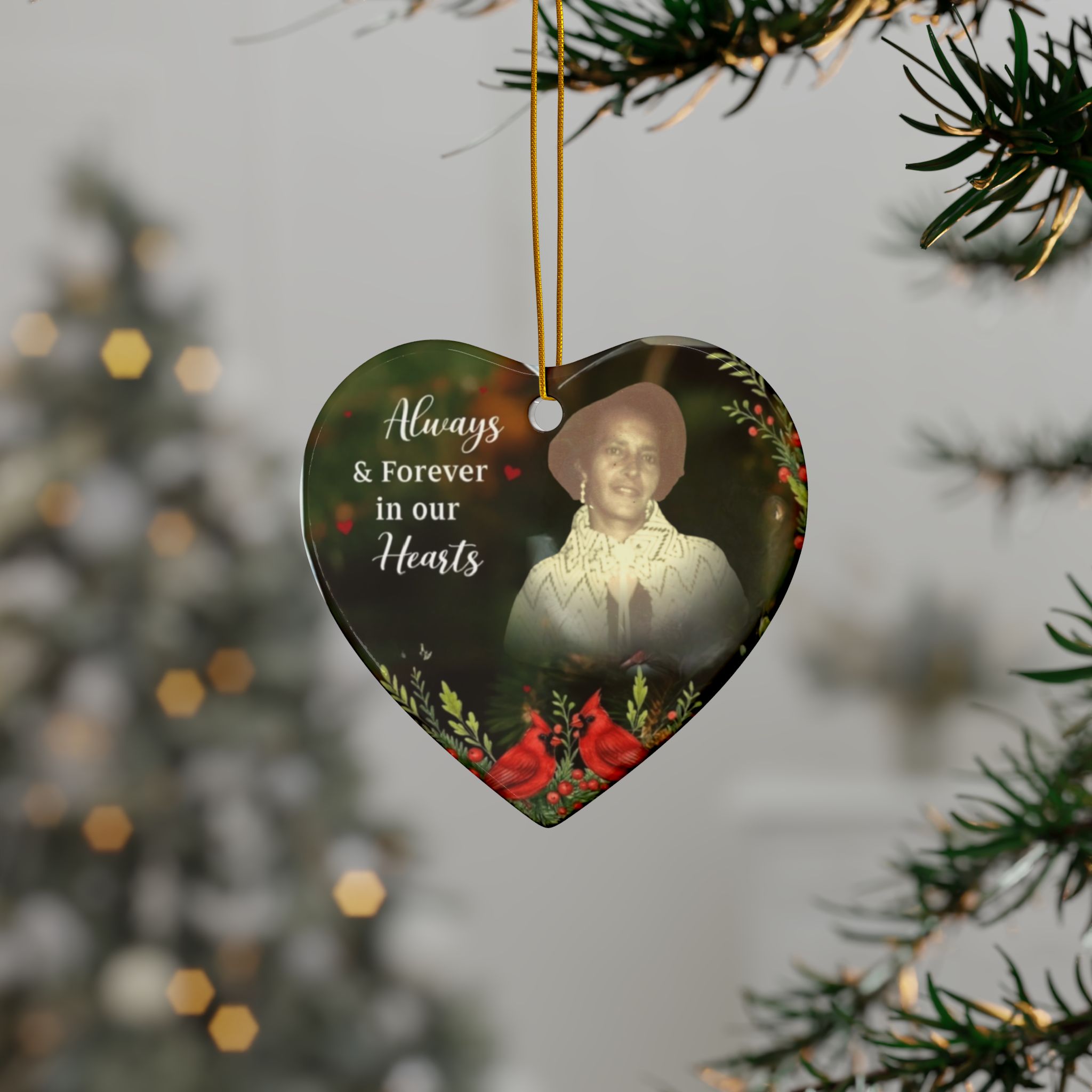 Memorial Photo Heart Ornament — "Always &amp; Forever in Our Hearts" Ceramic Keepsake