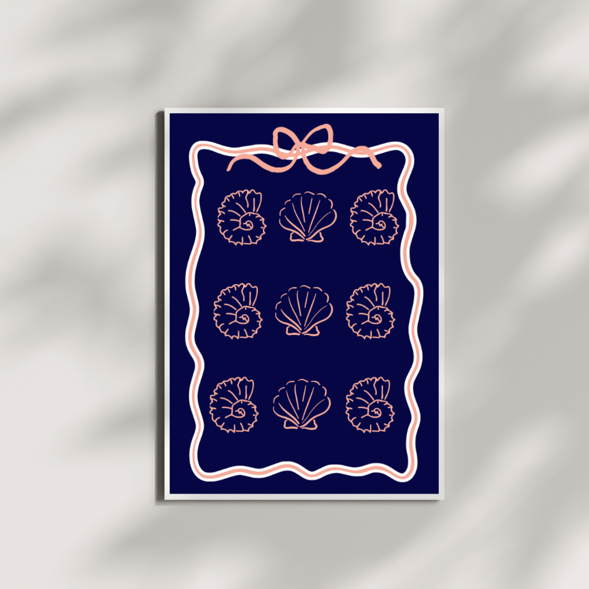 Coastal Coquette Navy &amp; Coral Poster, Seashell Wall Art, Beachy Matte Print, Bow Coastal Decor, Nautical Aesthetic Bedroom Bathroom Art product thumbnail image