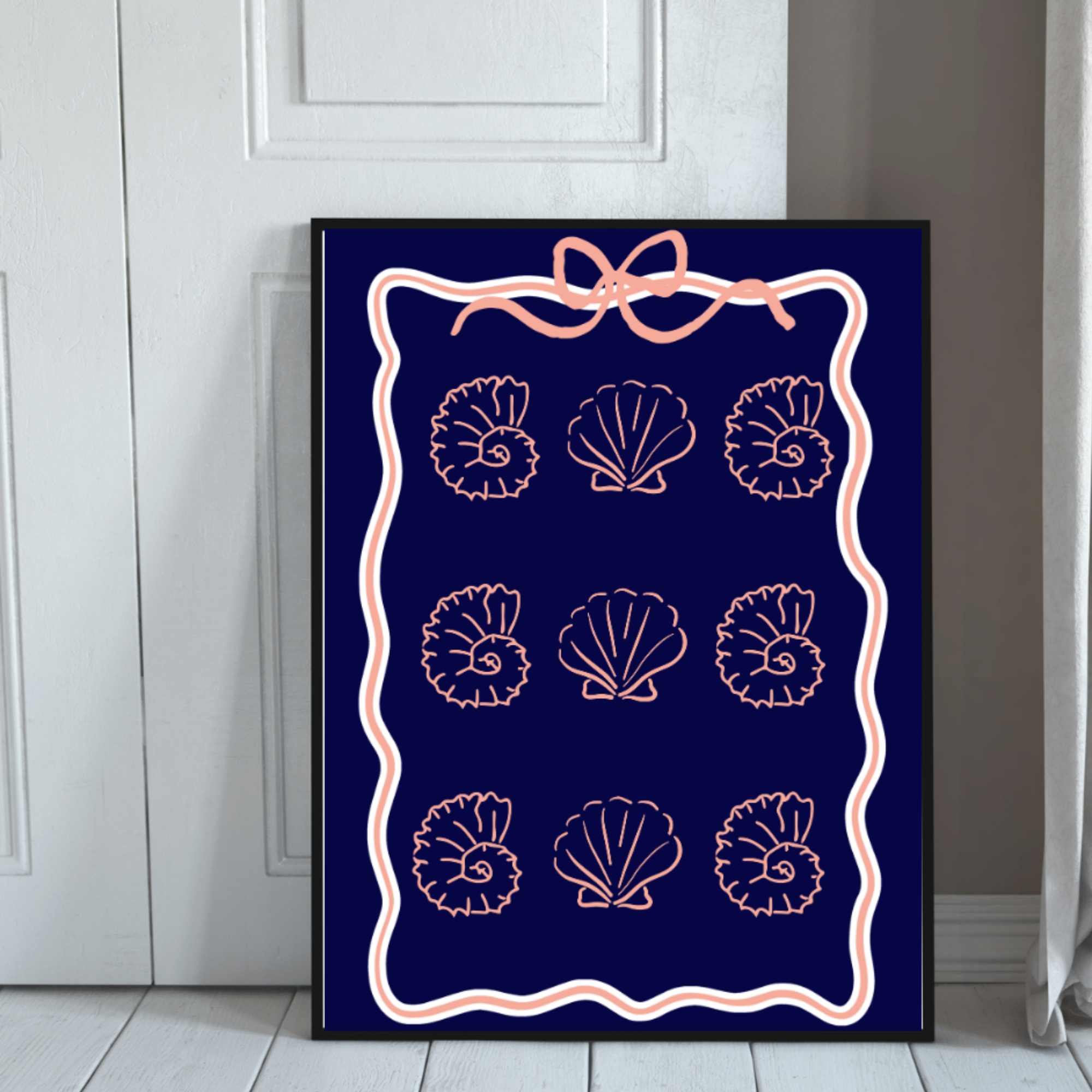 Coastal Coquette Navy &amp; Coral Poster, Seashell Wall Art, Beachy Matte Print, Bow Coastal Decor, Nautical Aesthetic Bedroom Bathroom Art product thumbnail image