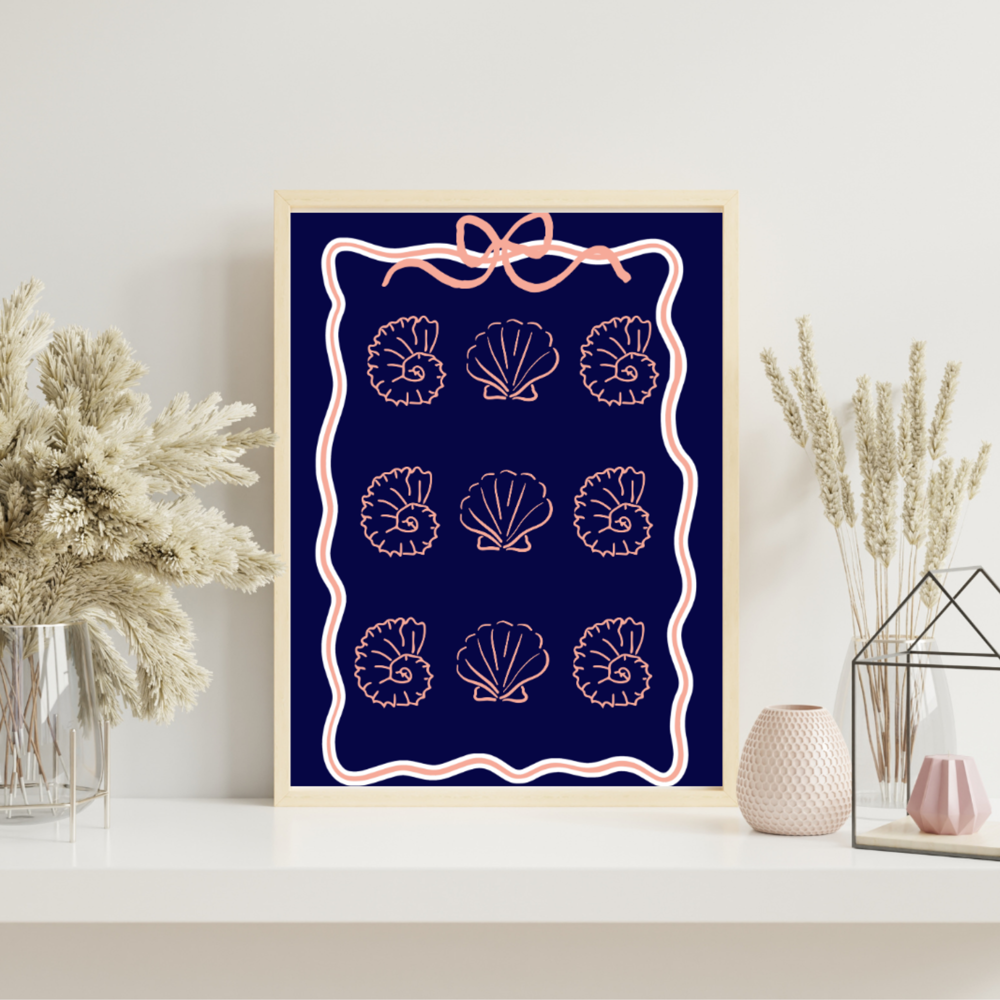Coastal Coquette Navy &amp; Coral Poster, Seashell Wall Art, Beachy Matte Print, Bow Coastal Decor, Nautical Aesthetic Bedroom Bathroom Art product thumbnail image