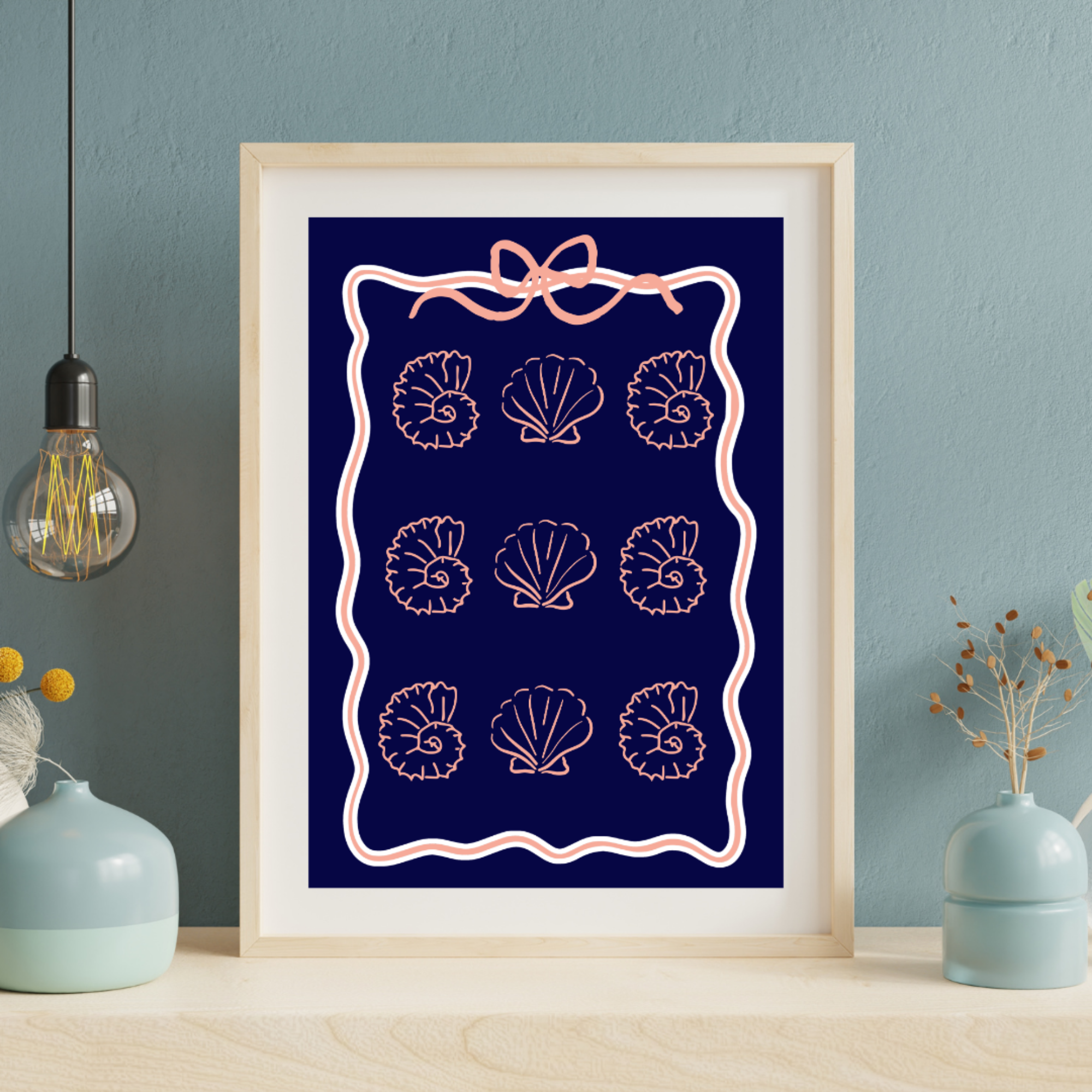 Coastal Coquette Navy &amp; Coral Poster, Seashell Wall Art, Beachy Matte Print, Bow Coastal Decor, Nautical Aesthetic Bedroom Bathroom Art product thumbnail image
