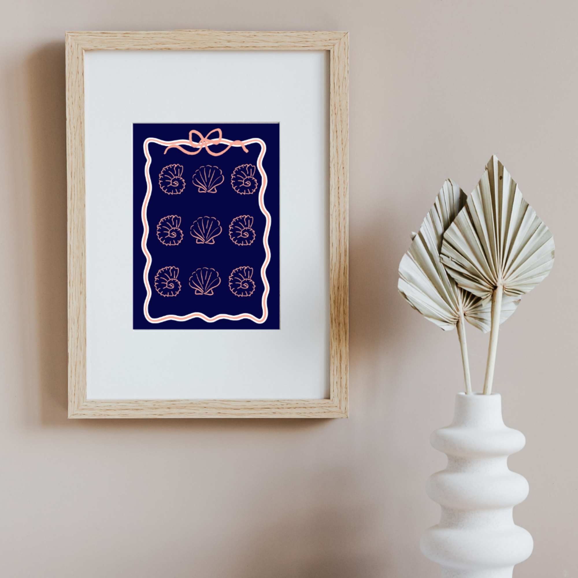 Coastal Coquette Navy &amp; Coral Poster, Seashell Wall Art, Beachy Matte Print, Bow Coastal Decor, Nautical Aesthetic Bedroom Bathroom Art product thumbnail image