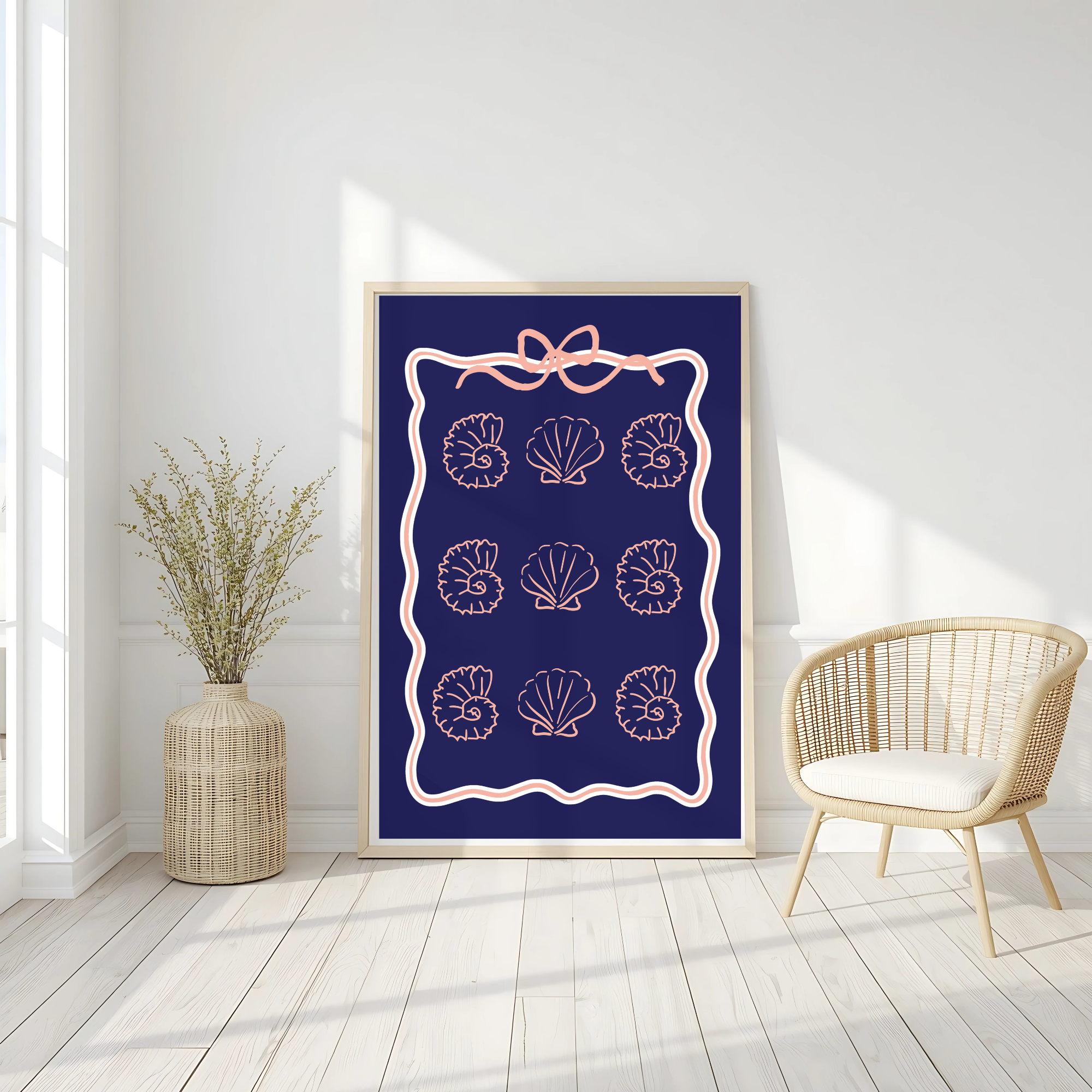 Coastal Coquette Navy &amp; Coral Poster, Seashell Wall Art, Beachy Matte Print, Bow Coastal Decor, Nautical Aesthetic Bedroom Bathroom Art