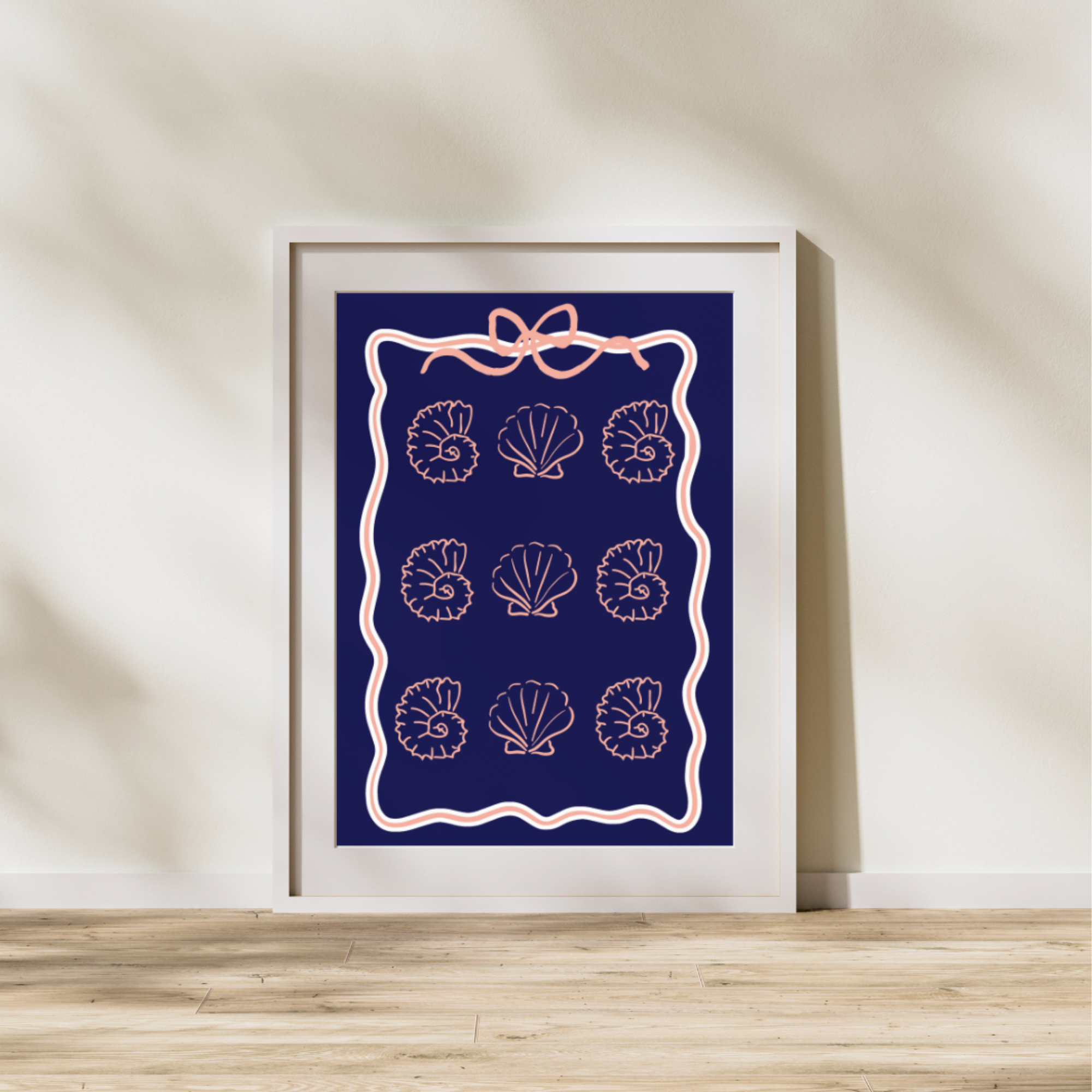 Coastal Coquette Navy &amp; Coral Poster, Seashell Wall Art, Beachy Matte Print, Bow Coastal Decor, Nautical Aesthetic Bedroom Bathroom Art product thumbnail image