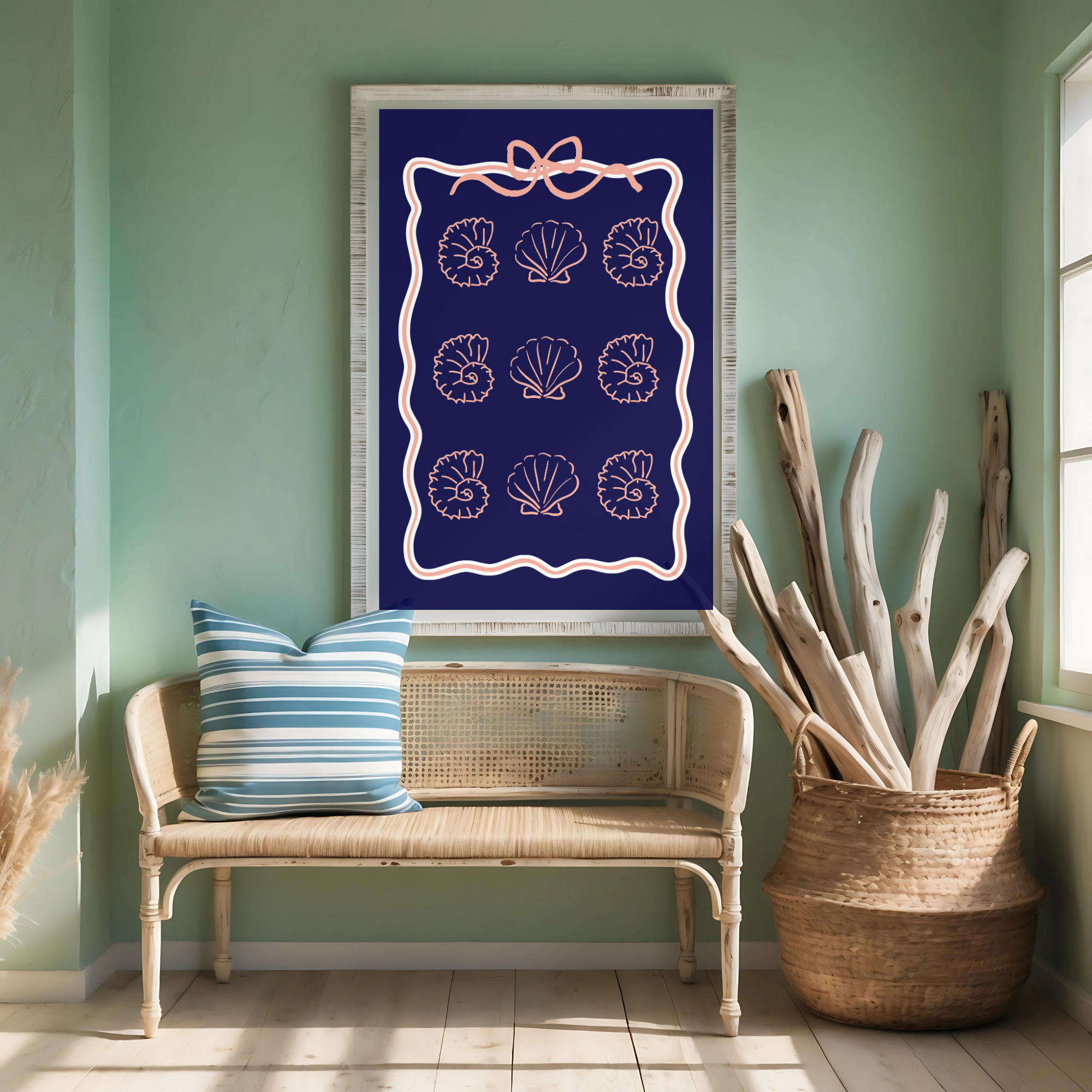 Coastal Coquette Navy &amp; Coral Poster, Seashell Wall Art, Beachy Matte Print, Bow Coastal Decor, Nautical Aesthetic Bedroom Bathroom Art product thumbnail image