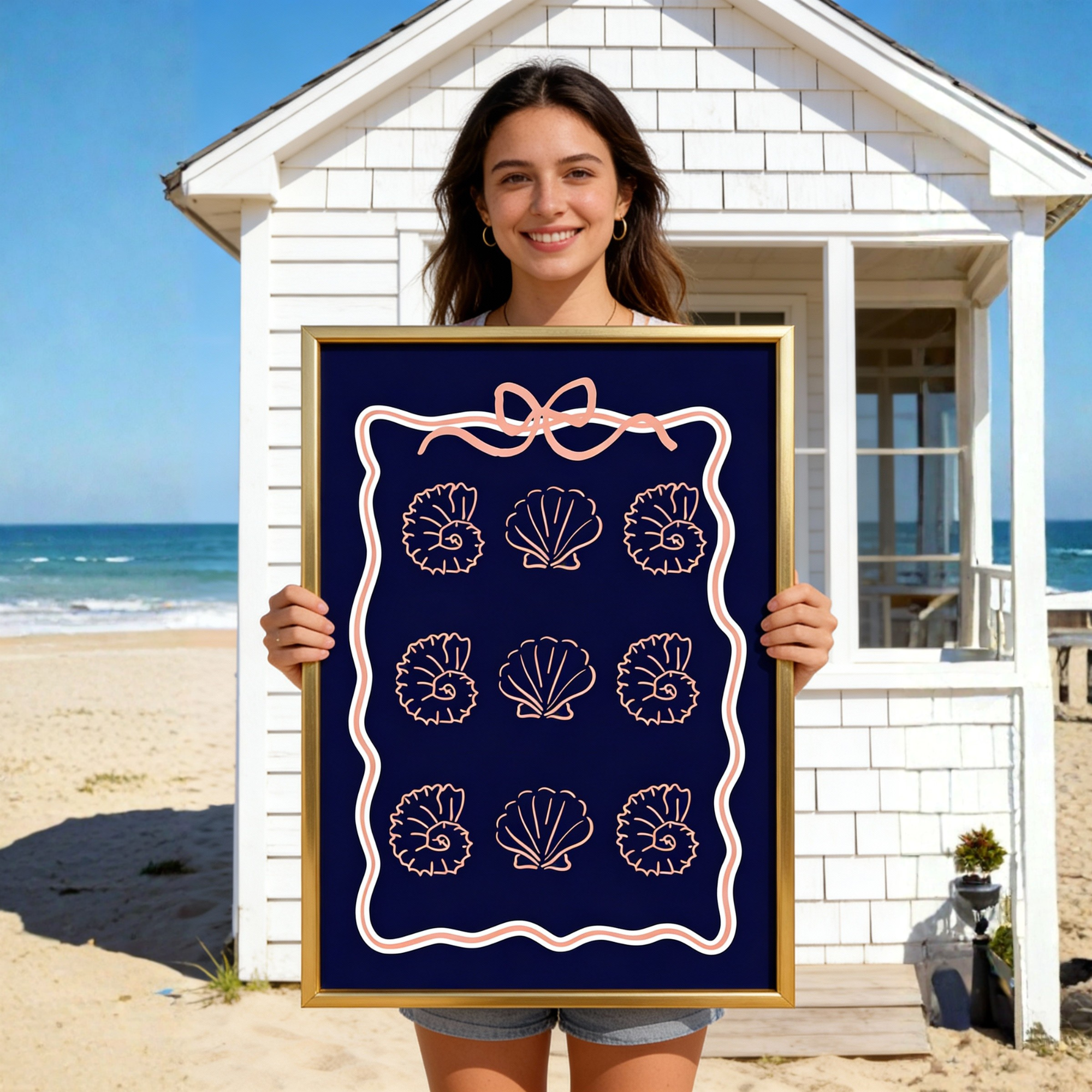 Coastal Coquette Navy &amp; Coral Poster, Seashell Wall Art, Beachy Matte Print, Bow Coastal Decor, Nautical Aesthetic Bedroom Bathroom Art product thumbnail image
