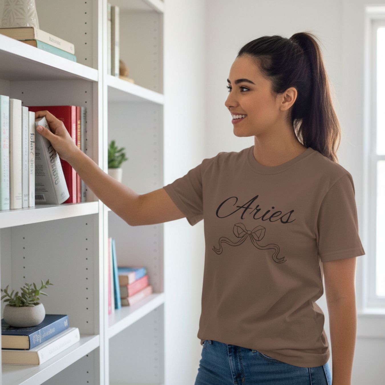 Aries Zodiac T-Shirt Script Horoscope Short Sleeve Tee with Decorative Ribbon product thumbnail image