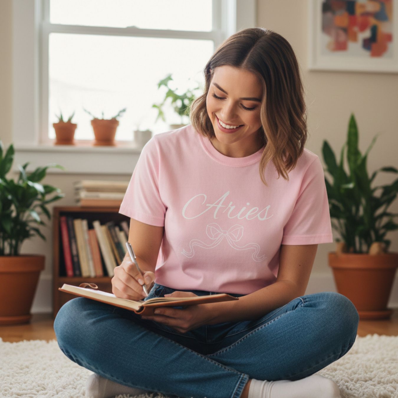 Aries Zodiac T-Shirt Script Horoscope Tee with Decorative Ribbon