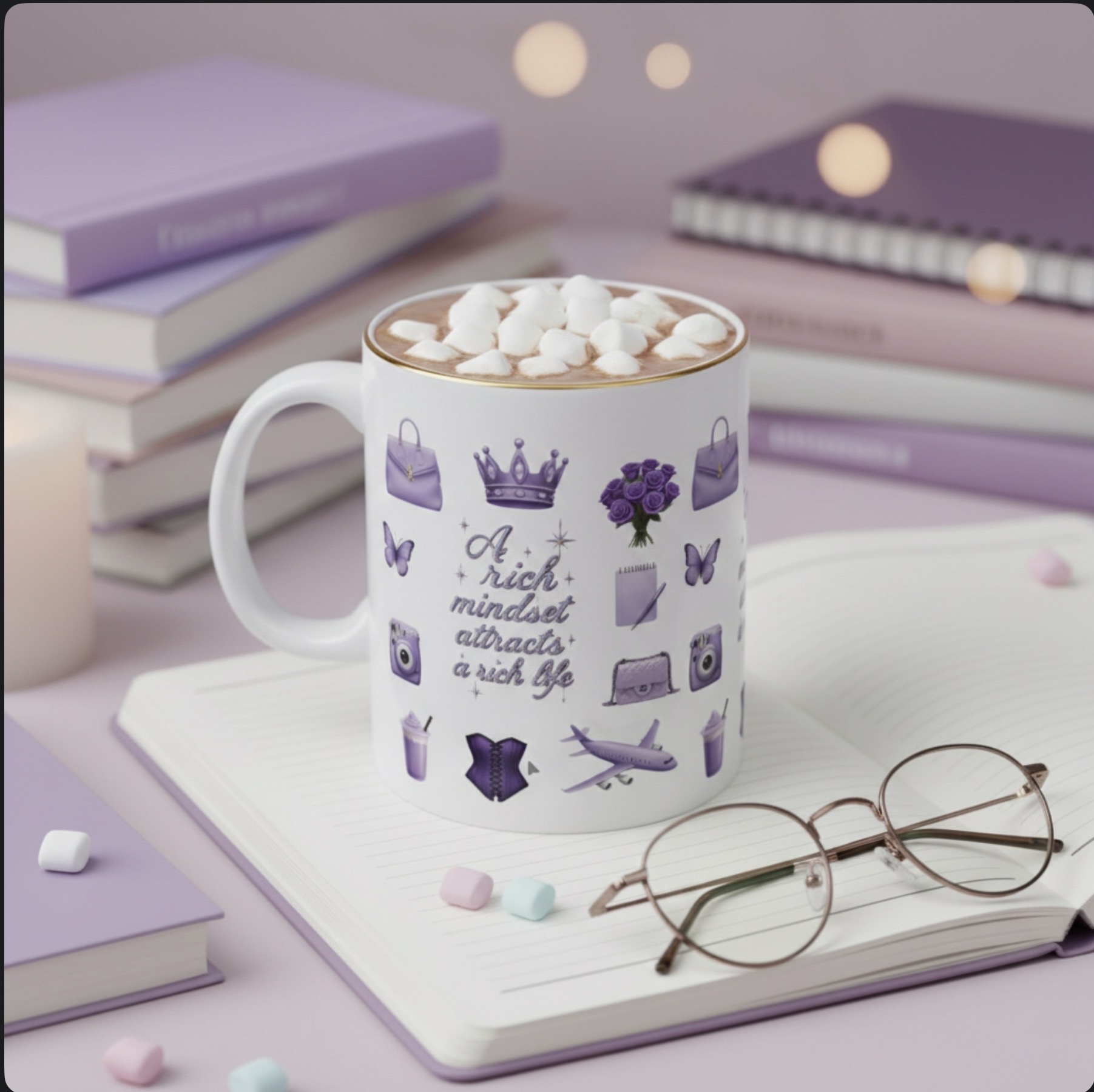 Affirmation Mug — “A Rich Mindset Attracts a Rich Life” Purple Icons Ceramic Coffee Cup “UNA MENTALIDAD RICA ATRAE IUNA VIDA RICA”