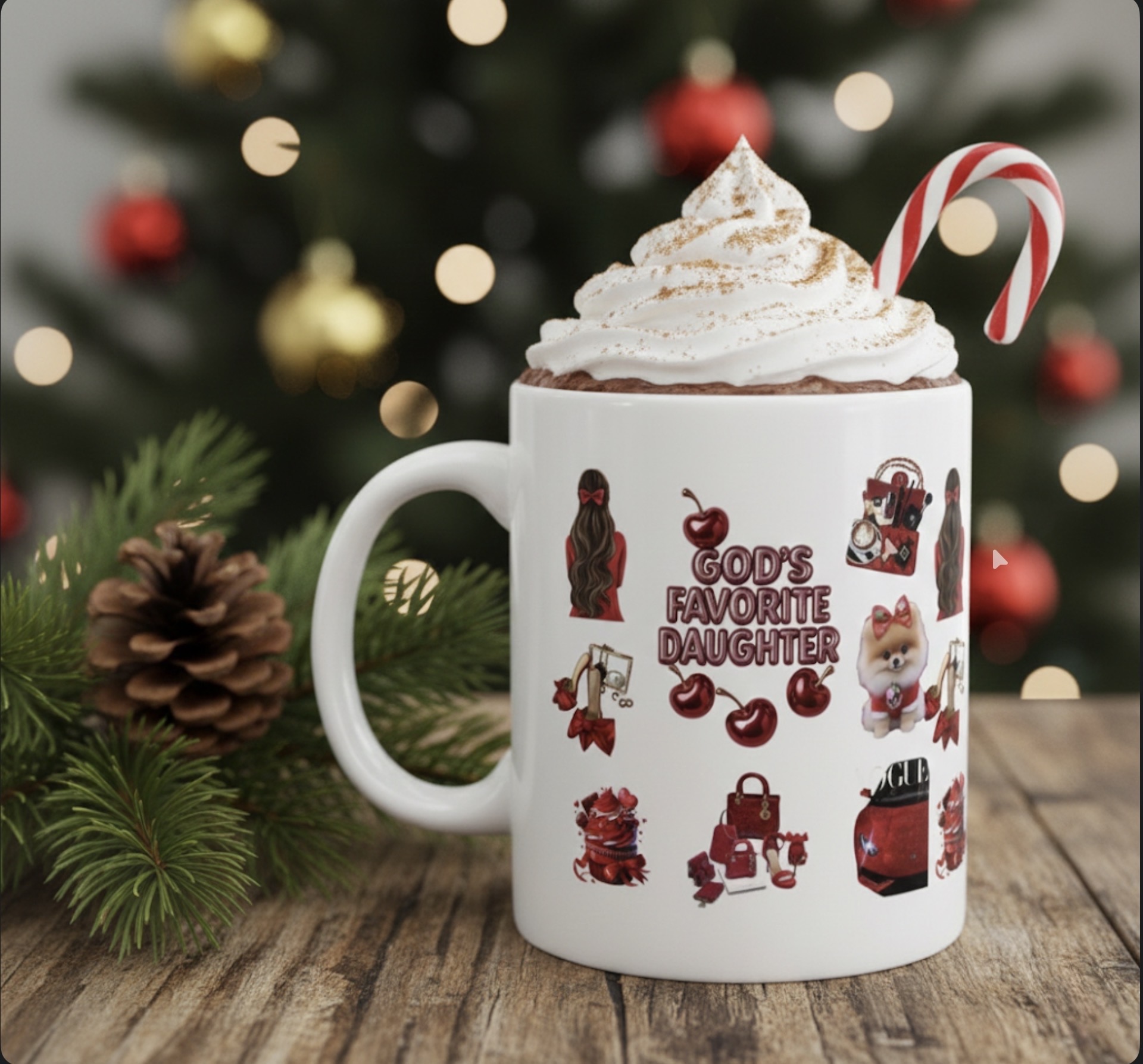Ceramic Mug — "God's Favorite Daughter" Red Cherry Design (11oz &amp; 15oz) product thumbnail image