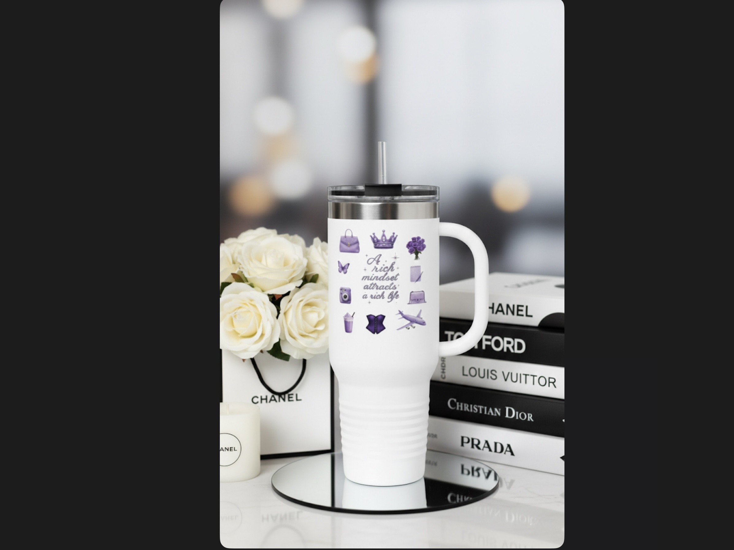 40oz Insulated Travel Mug — Purple Self-Care Icons & ‘A Kind Mindset’ Design product thumbnail image 40oz Insulated Travel Mug — Purple Self-Care Icons & ‘A Kind Mindset’ Design product thumbnail image