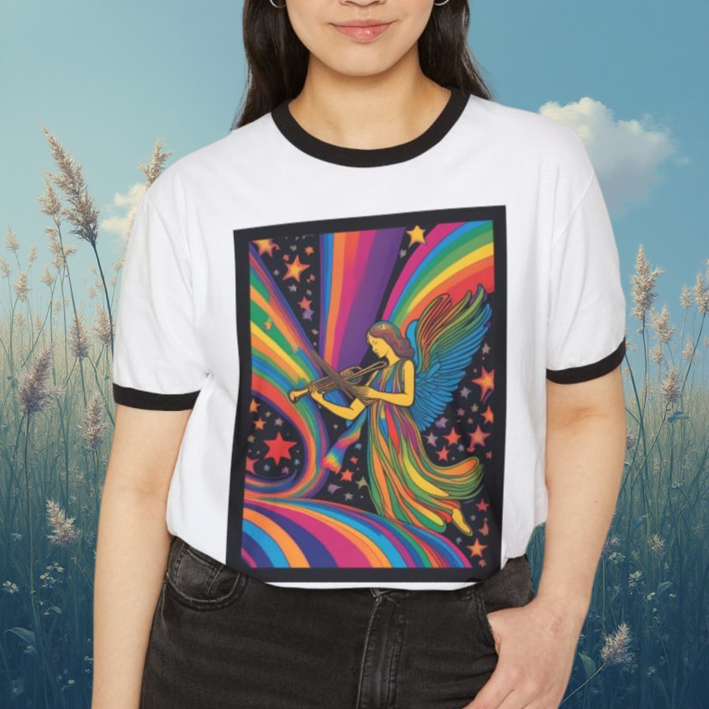 Colorful Angel Music Unisex Ringer T-Shirt - Inspirational Design
