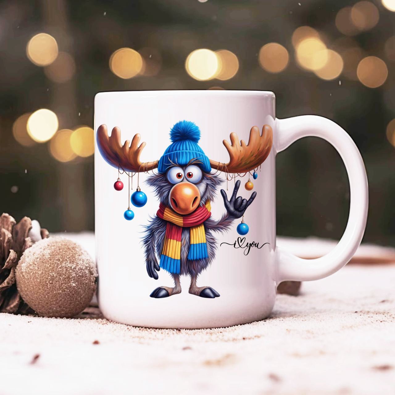 ASL ILY Cute Moose Ornament Coffee Mug — Holiday Moose with Baubles Ceramic Mug (11oz, 15oz) product thumbnail image ASL ILY Cute Moose Ornament Coffee Mug — Holiday Moose with Baubles Ceramic Mug (11oz, 15oz) product thumbnail image