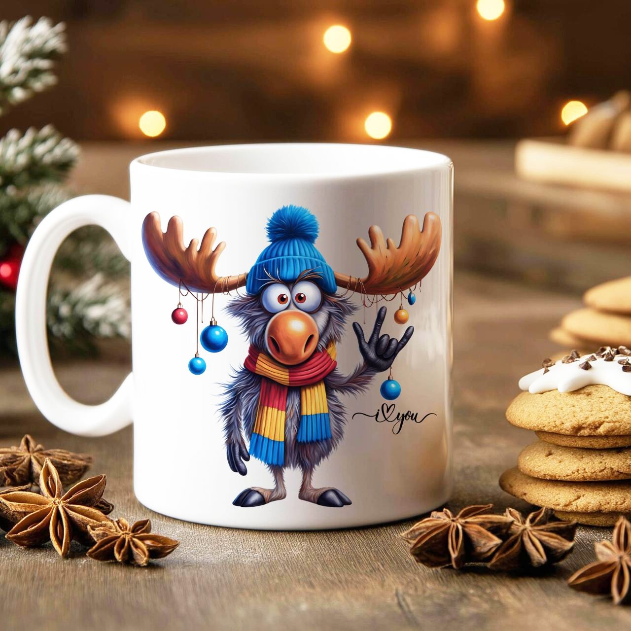 ASL ILY Cute Moose Ornament Coffee Mug — Holiday Moose with Baubles Ceramic Mug (11oz, 15oz) product thumbnail image