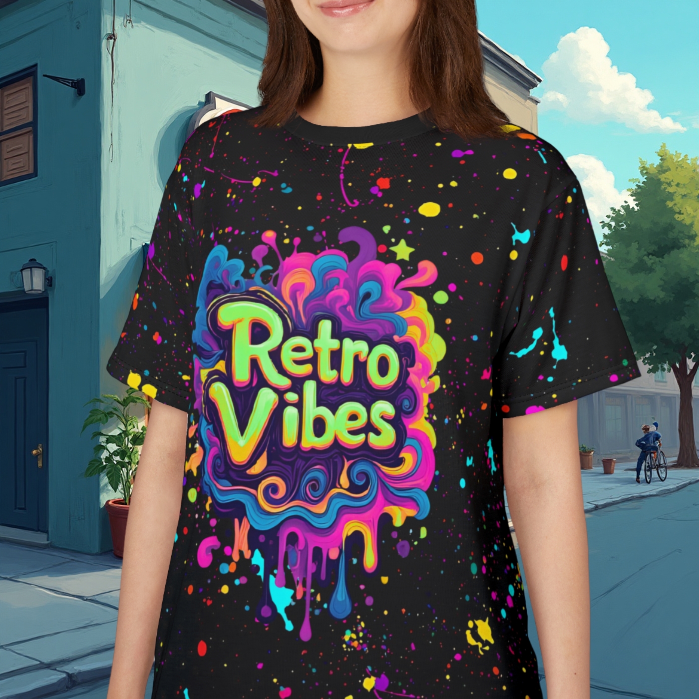 Unisex Cut & Sew Tee (AOP) Splatter Paint Retro Vibes Tee Unisex Cut & Sew Tee (AOP) Splatter Paint Retro Vibes Tee