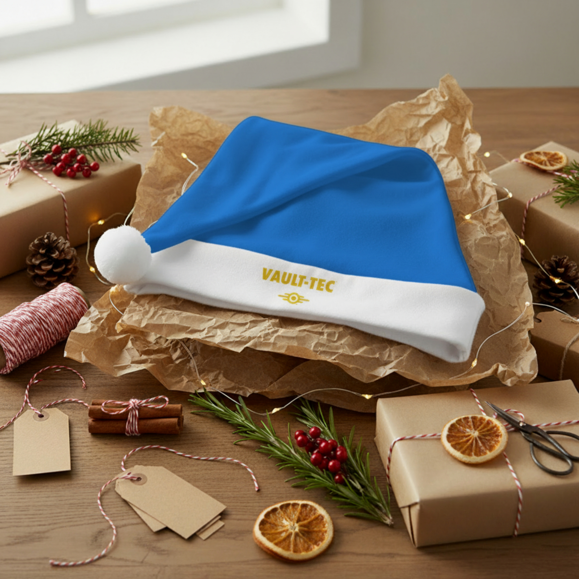Vault-Tec Blue Santa Hat — Fallout Themed Holiday Hat product thumbnail image Vault-Tec Blue Santa Hat — Fallout Themed Holiday Hat product thumbnail image