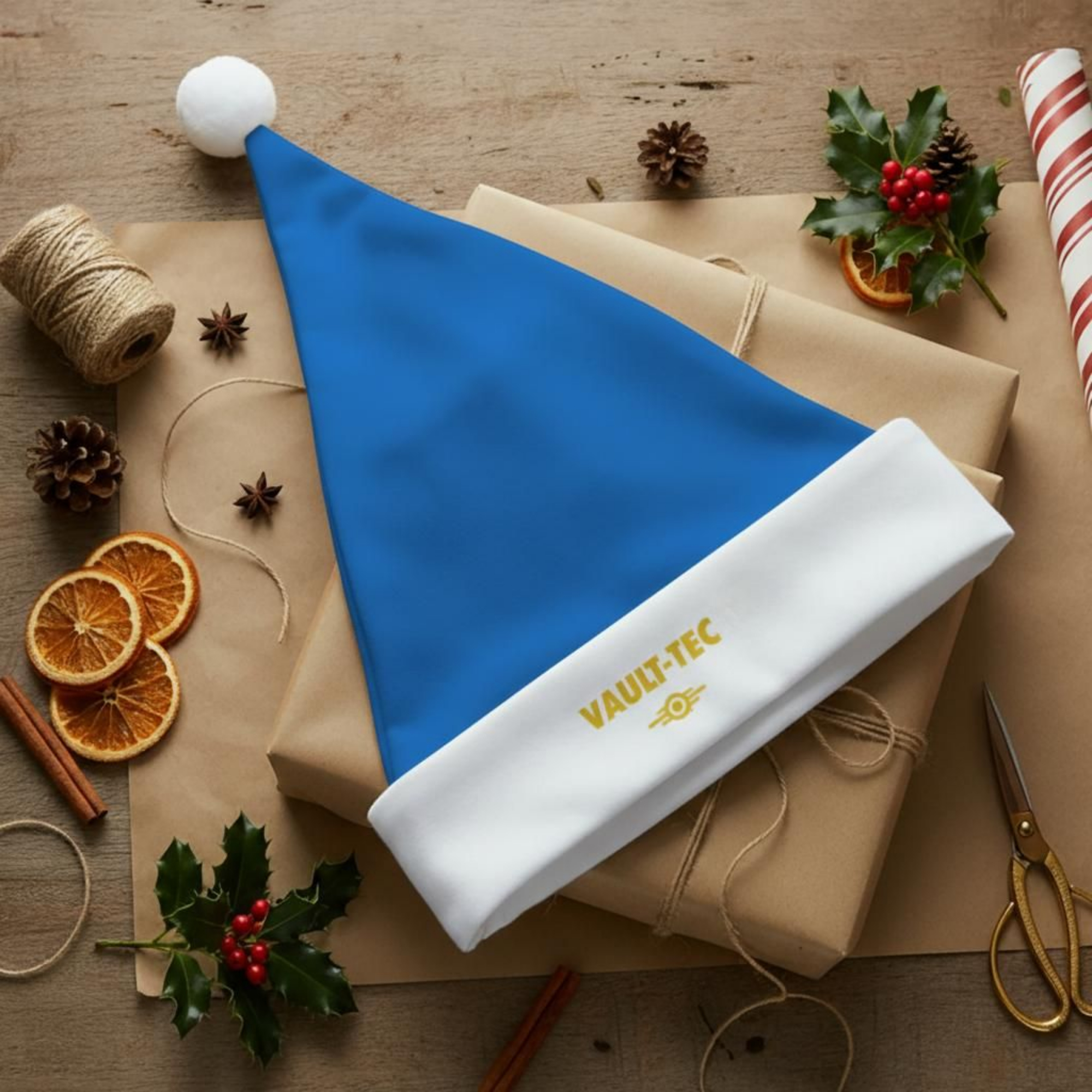 Vault-Tec Blue Santa Hat — Fallout Themed Holiday Hat product thumbnail image Vault-Tec Blue Santa Hat — Fallout Themed Holiday Hat product thumbnail image