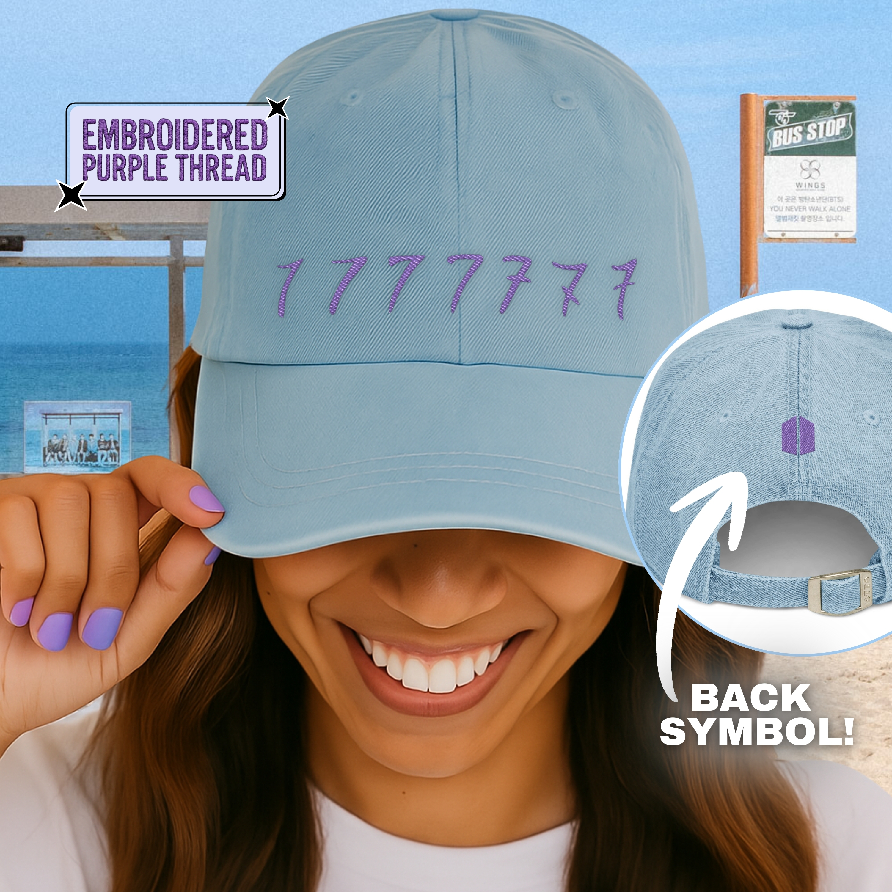 Purple Thread Embroidered Denim Hat 7 Tattoo with BACK ARMY symbol 