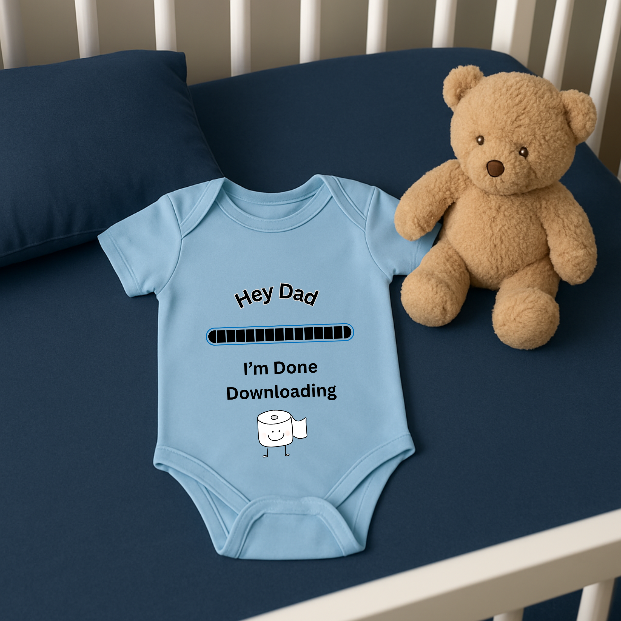 Hey Dad I’m Done Downloading Baby Bodysuit Funny Infant One Piece | New Dad Gift Tech Humor Baby Shower Outfit product thumbnail image Hey Dad I’m Done Downloading Baby Bodysuit Funny Infant One Piece | New Dad Gift Tech Humor Baby Shower Outfit product thumbnail image